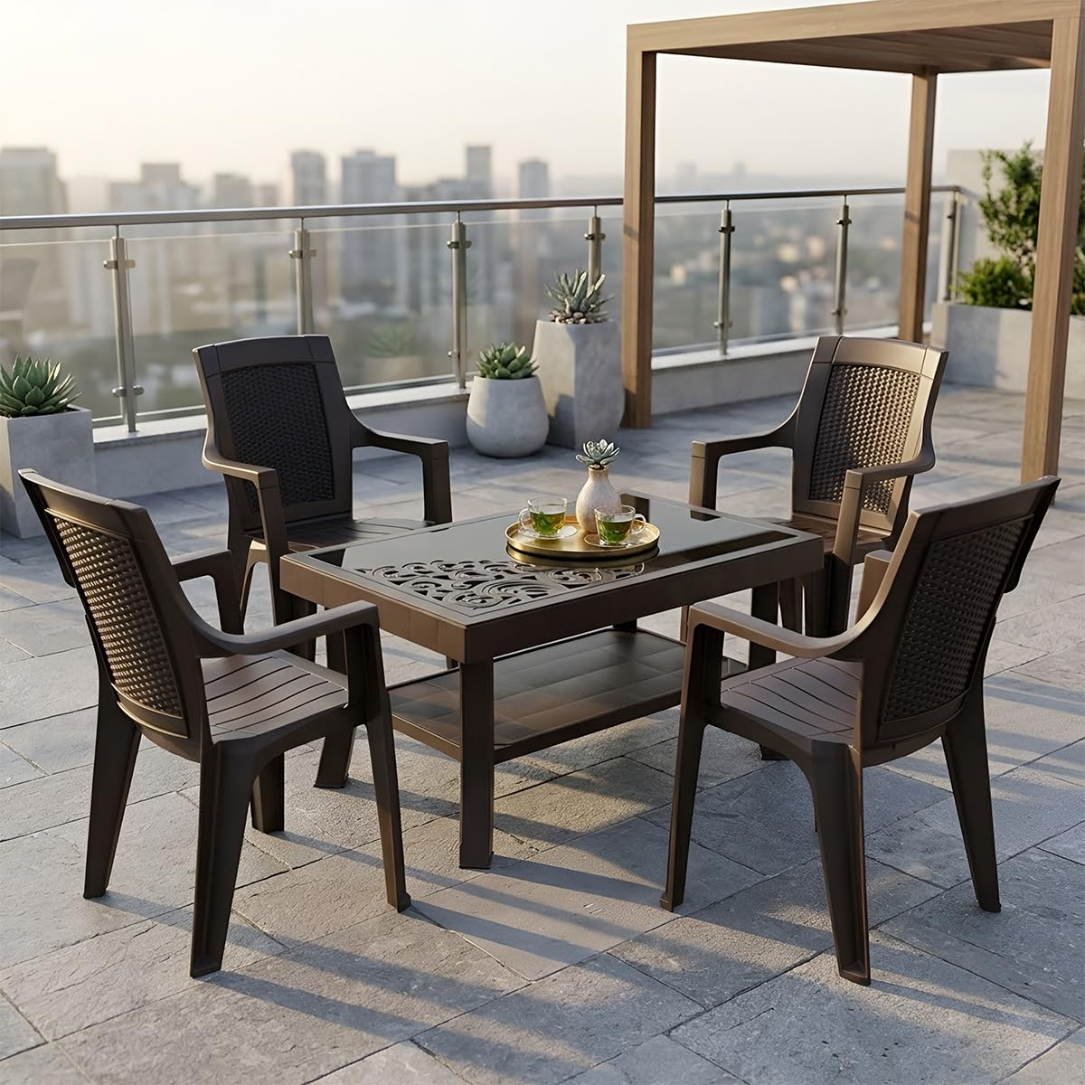 Nilkamal Mystique Chair and Glass Top Coffee Table Set | 4 Chairs and 1 Table | Plastic Furniture Set for Indoor and Outdoor, Balcony, Garden, Patio & Living Room | Season Rust Brown and Weather Brown-image-7