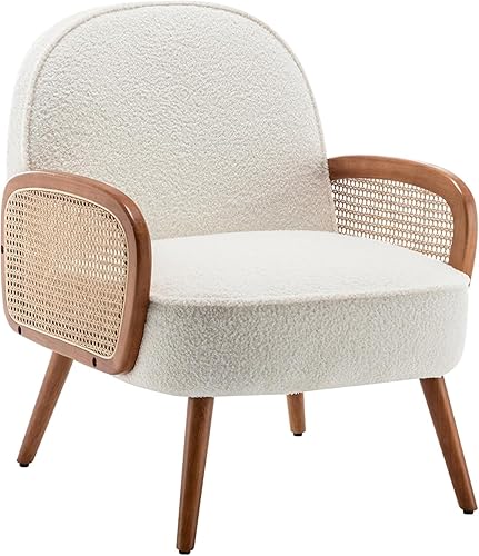 Aklaus Silla decorativa con reposabrazos de ratán y patas de madera maciza, tapizada de mediados de siglo, moderna silla para sala de estar,