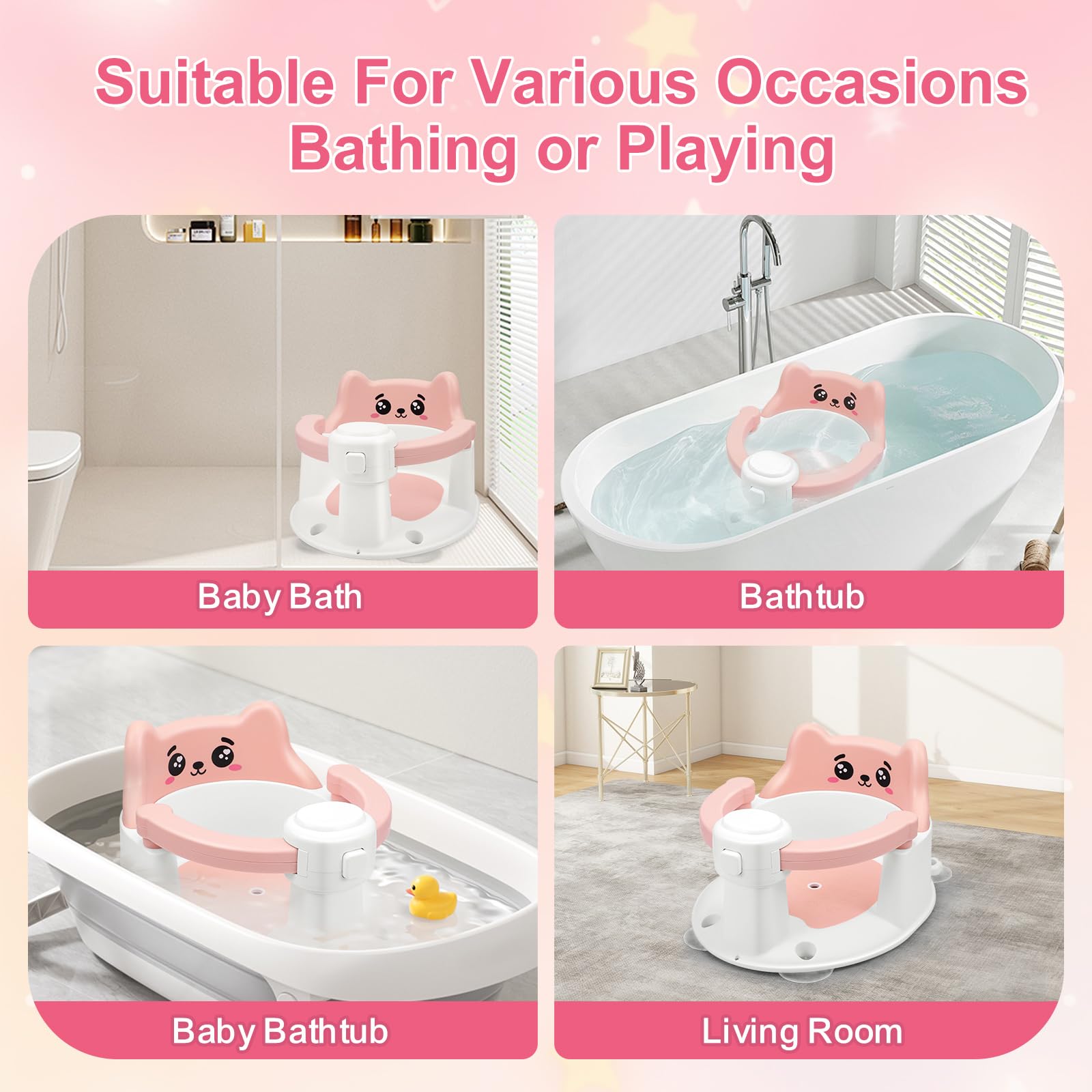 Seggiolino da Bagno Antiscivolo, Seggiolino Doccia Bimbo per Bambini dai 6 Mesi con 4 Ventose, Sedia Doccia Bambini, Regalo per il Bagnetto di Neonati e Neonati (Rosa)