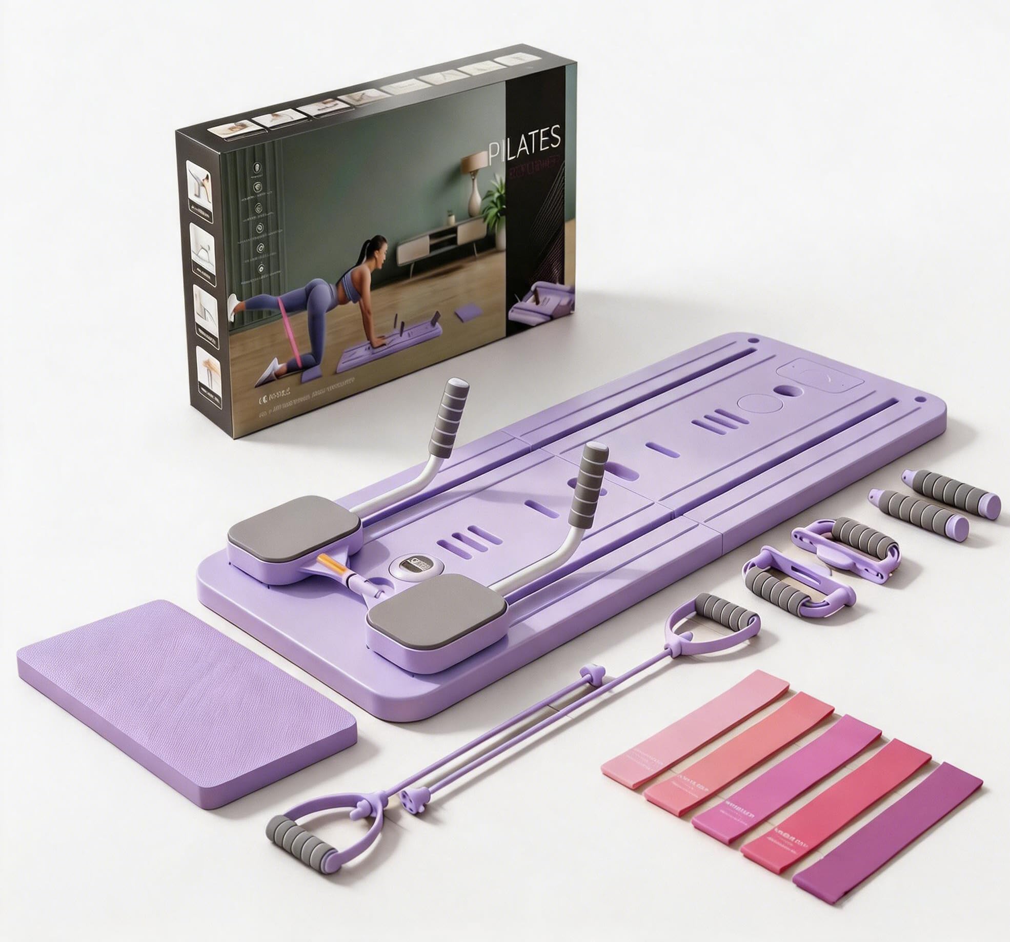 Verbessertes Pilates-Board,Faltbare Pilates-Reformer-Maschine,AB-Roller,Multifunktionaler Ganzkörper-Trainingsgerät,für Männer und Frauen, mit Widerstandsbändern,für zu Hause und