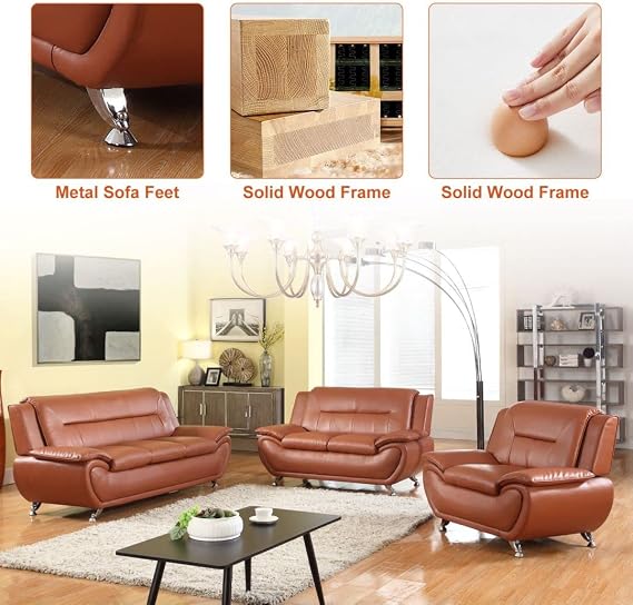 BLUECC Faux Leather Couch Sofa Set, Modern Reclining Sofa with Loveseat & Armchair, Comfortable Upholstered Furniture Set for Living Room, Home, Apartment, Office (Brown, Armchair)