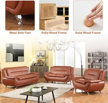 BLUECC Faux Leather Couch Sofa Set, Modern Reclining Sofa with Loveseat & Armchair, Comfortable Upholstered Furniture Set for Living Room, Home, Apartment, Office (Brown, Armchair)