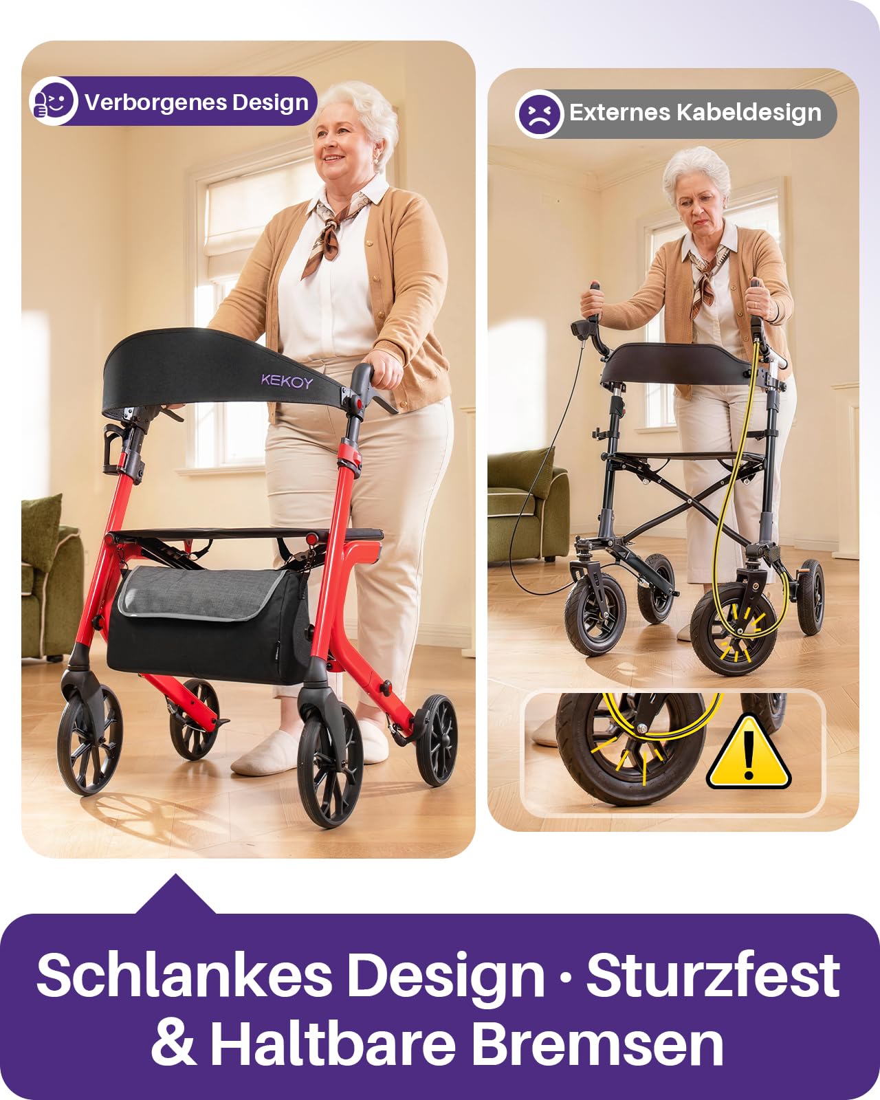 Kekoy Bariatrischer Rollator faltbar mit Sitz für Senioren, 226 kg Traglast | Auf allen Geländen. Aluminium höhenverstellbarer Outdoor Rollator mit 50 cm Sitzkissen, Lehne, Stauraum & Becherhalter, Rot
