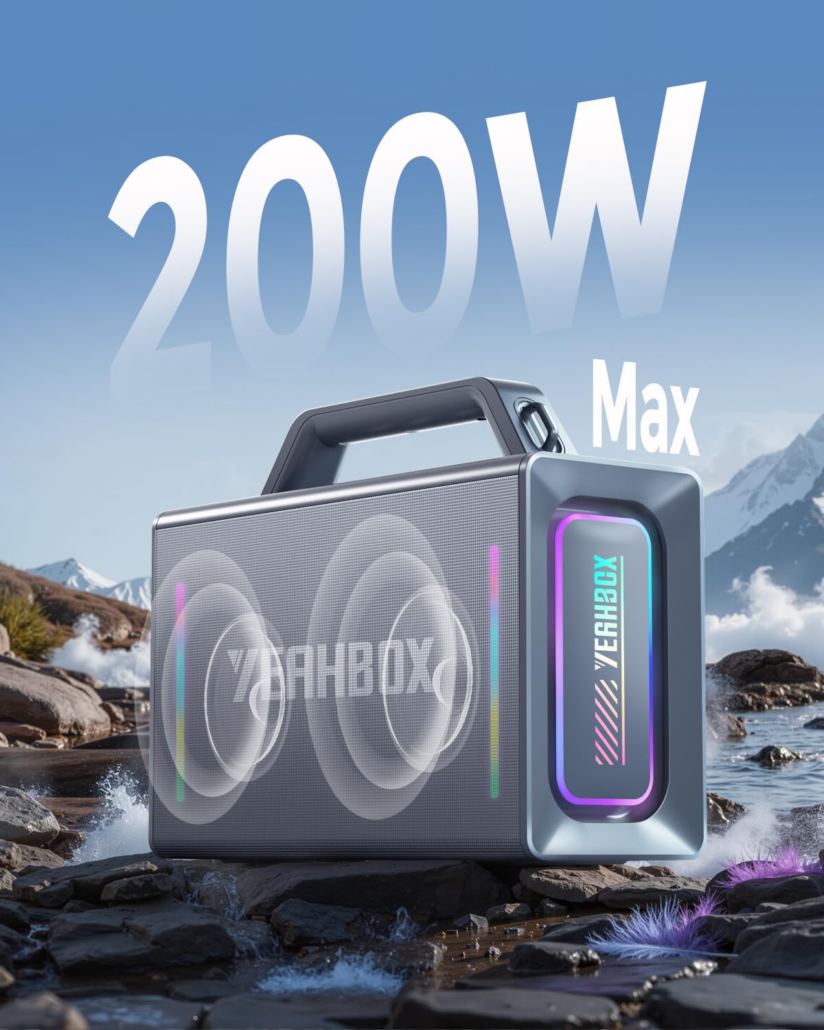 YEAHBOX Thunder 500 - Altoparlante portatile Bluetooth per karaoke, 200 W massimo, con 2 microfoni wireless, sistema PA e luci LED, per interni ed esterni, feste in casa, supporta EQ/AUX/USB/TF