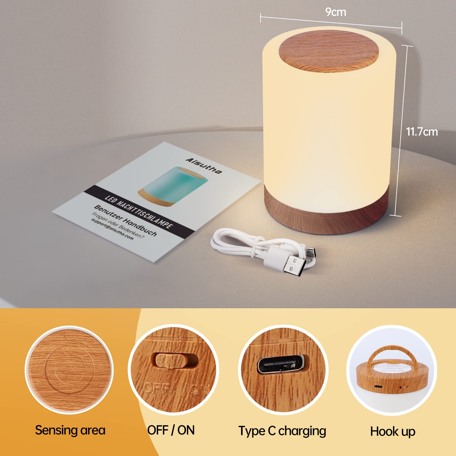 Aisutha Lámparas de Mesita de Noche, luz Noturna LED con 10 colores y 4 modos Control Tactil Regulable Usb Recargable Cambio de Color Rgb para Niños Habitación