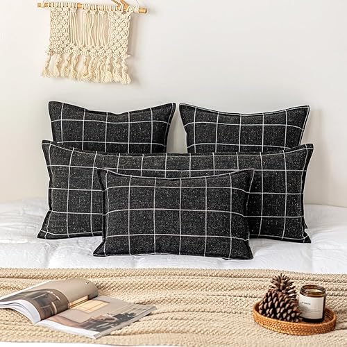 Miniatura 7 de CARRIE HOME Juego de 2 fundas de almohada lumbares a cuadros bohemios negros de 12 x 20 pulgadas, almohadas decorativas tejidas en blanco y negro de