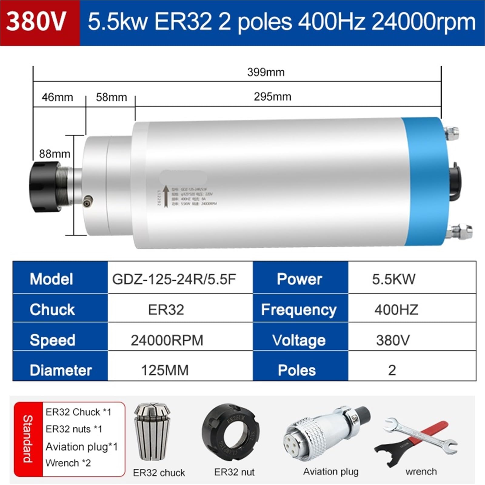 Fraiseuse CNC 5, kw 380V, moteur refroidi à l'eau constante ER25 ER32 D125mm for Machine graver sur métal(ER32 2 400Hz 24000)
