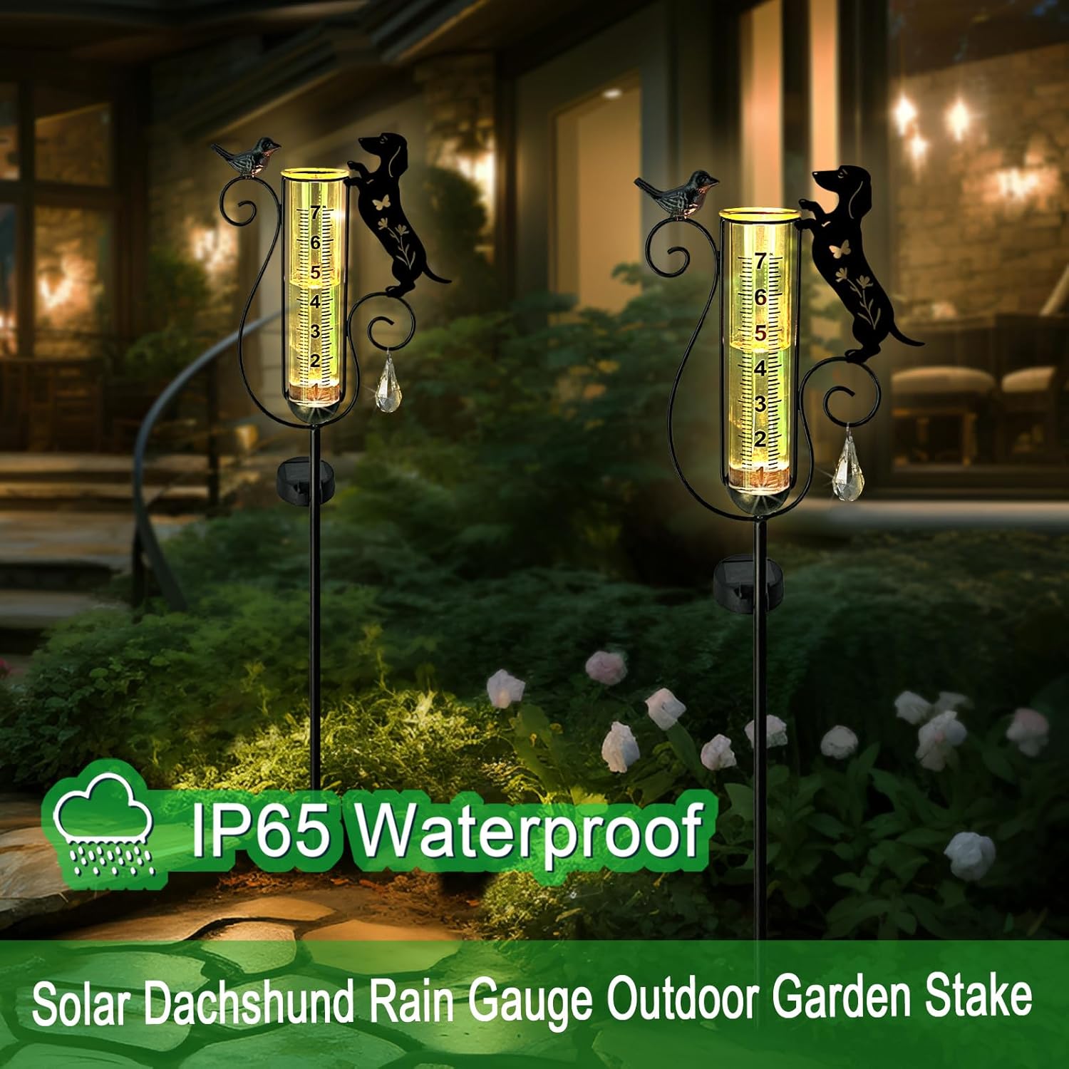 Dachshund Dog Rain Gauge Outdoor,Solar Powered Decorative Metal Dog and Bird Garden Stakes,Rain Gauges for Yard,Pathway,Lawn