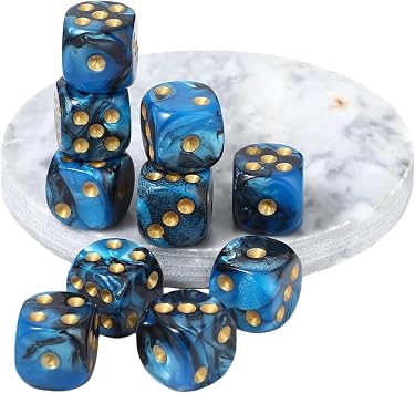 Bulk Set of 10 Acrylic Polyhedral Dice - 12mm Size, Colorful for Board Games, Learning, and Rolling - Blue and Black, 6 Sided Design