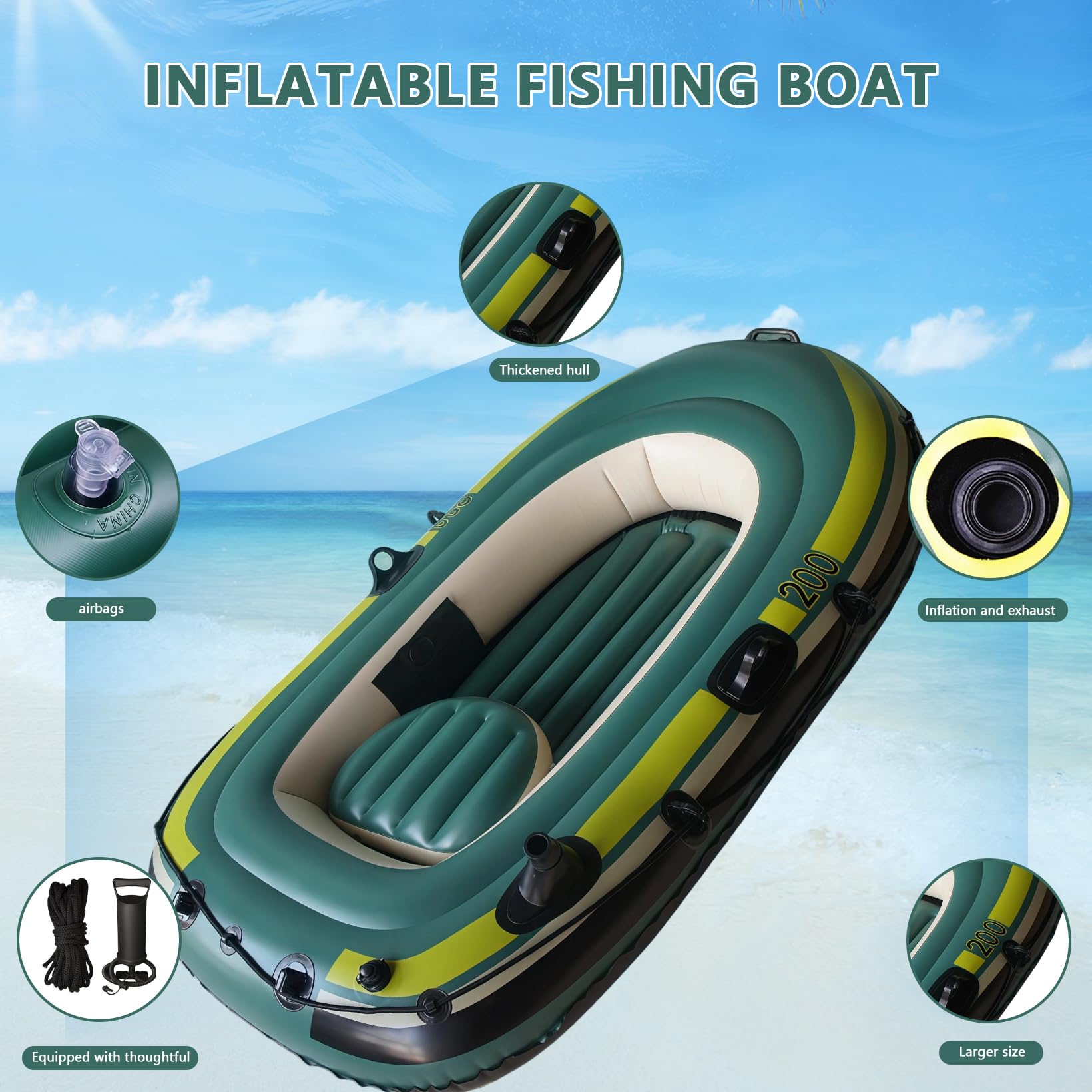 Barco inflable para 2 personas, kayak inflable de PVC doble, barco de pesca engrosado con remos y bomba de mano, plegable y portátil, barco inflable para exteriores, rafting y pesca
