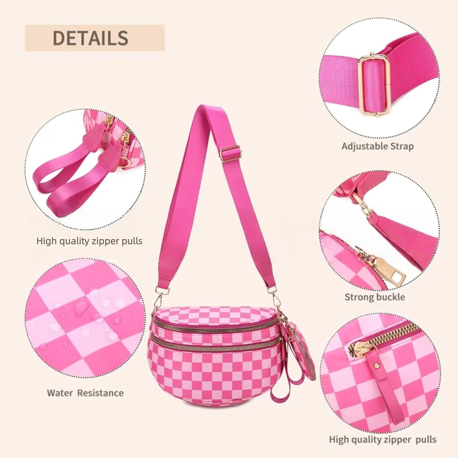 Checkered Crossbody Bum Bags for Women, Nylon Sling Bags with Shoulder Strap, Large Capacity Checkered Purse Bag - Image 5