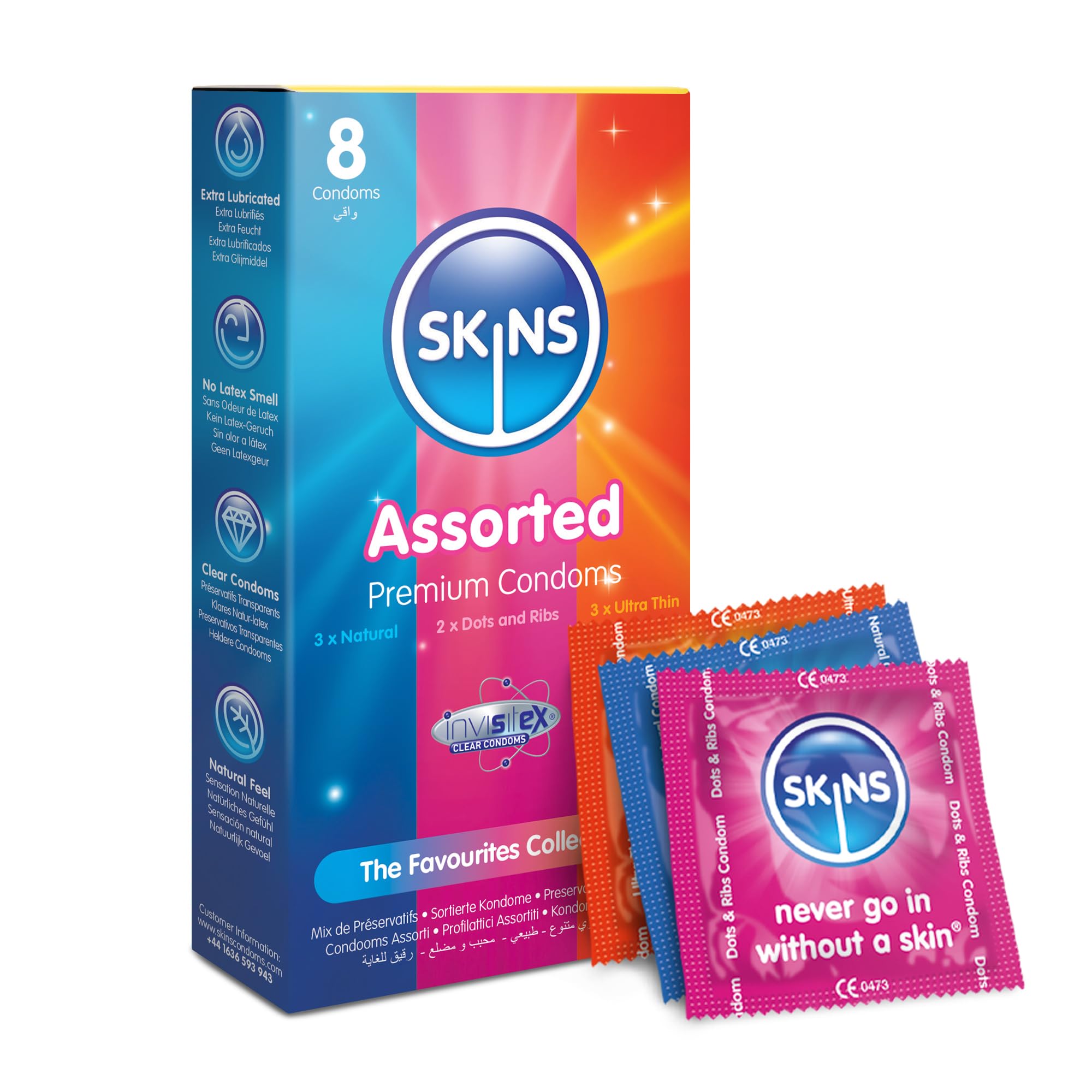 Skins Assorted Multipack Condoms, 8 Pack of Premium Skins Ultra-Thin, Natural & Dots & Ribs Condoms Extra Safe Pleasure Condom for Adults, No Latex Smell, Extra Lubrication for Maximum Pleasure