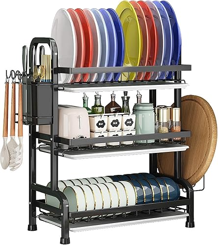 Escurridor de platos, escurridor de platos, escurridor de platos sobre el fregadero, 3 niveles con bandeja de drenaje, estante para palillos,