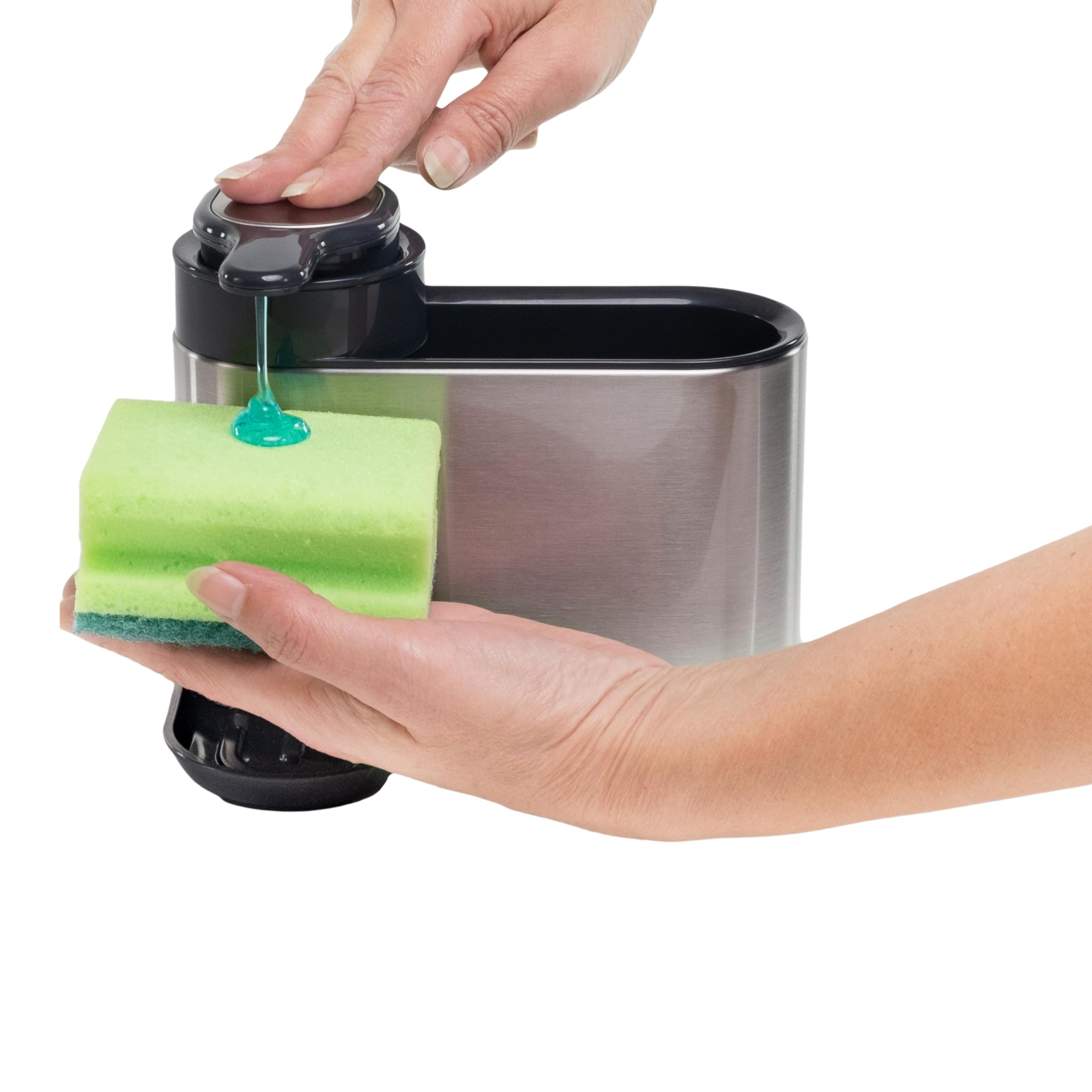 Erreke Dispensador de Jabón de Cocina, Acero Inoxidable Antihuellas | Dosificador Jabón Cocina con Soporte para Esponja. Larga Duración. Para Líquido Lavavajillas. Recargable