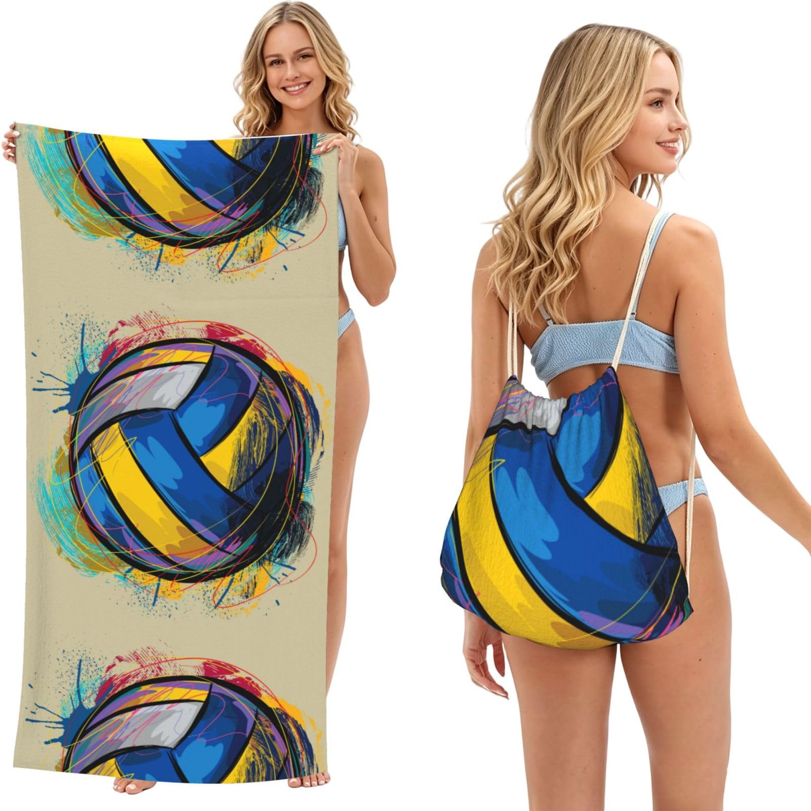 Poadnly As Picture Volleyball, 2 In 1 Packable Towel Bag, Beach Towels With Drawstring Backpack For Travel Holiday Camping
