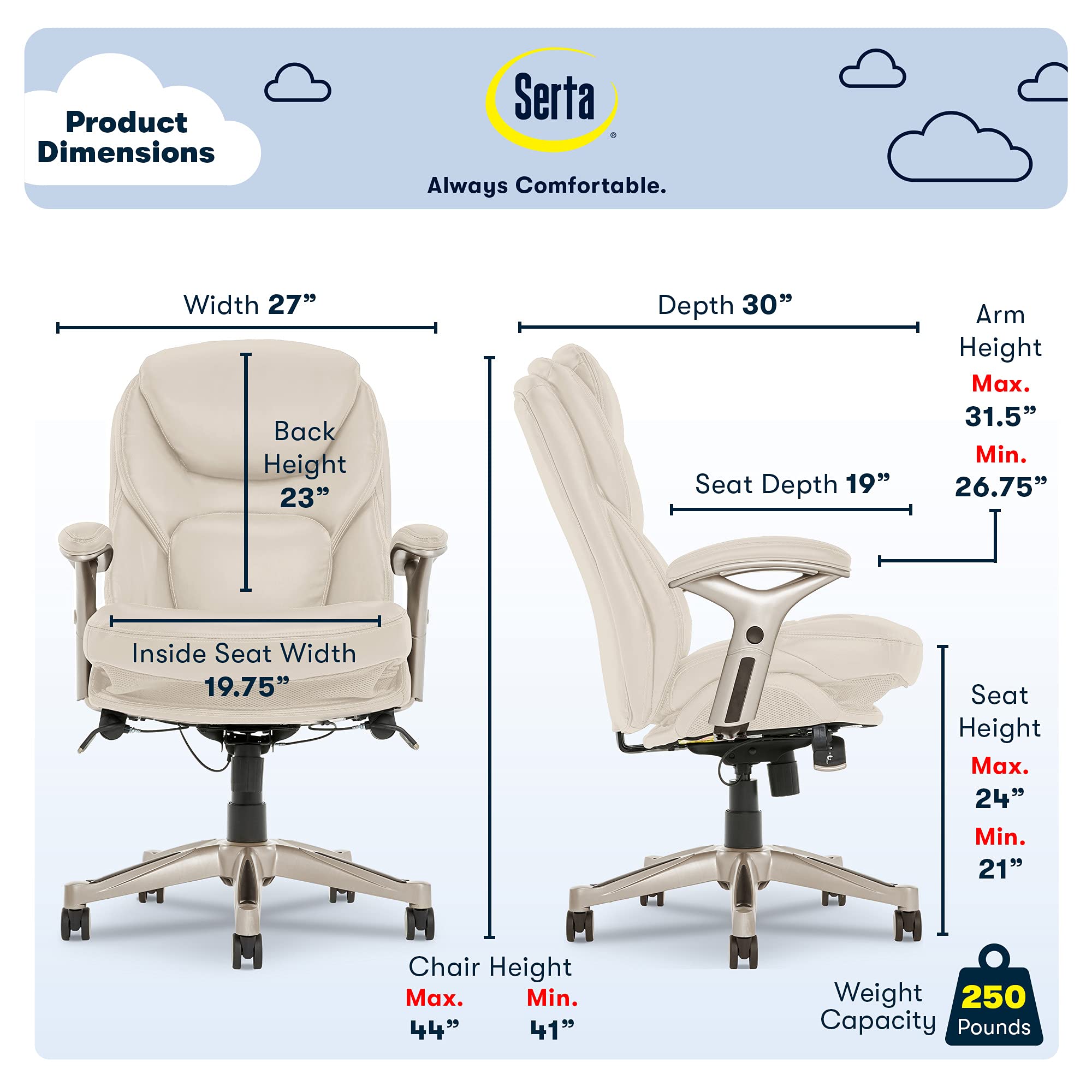 Serta Ergonomic Executive Office Chair Motion Technology Adjustable Mid Back Design with Lumbar