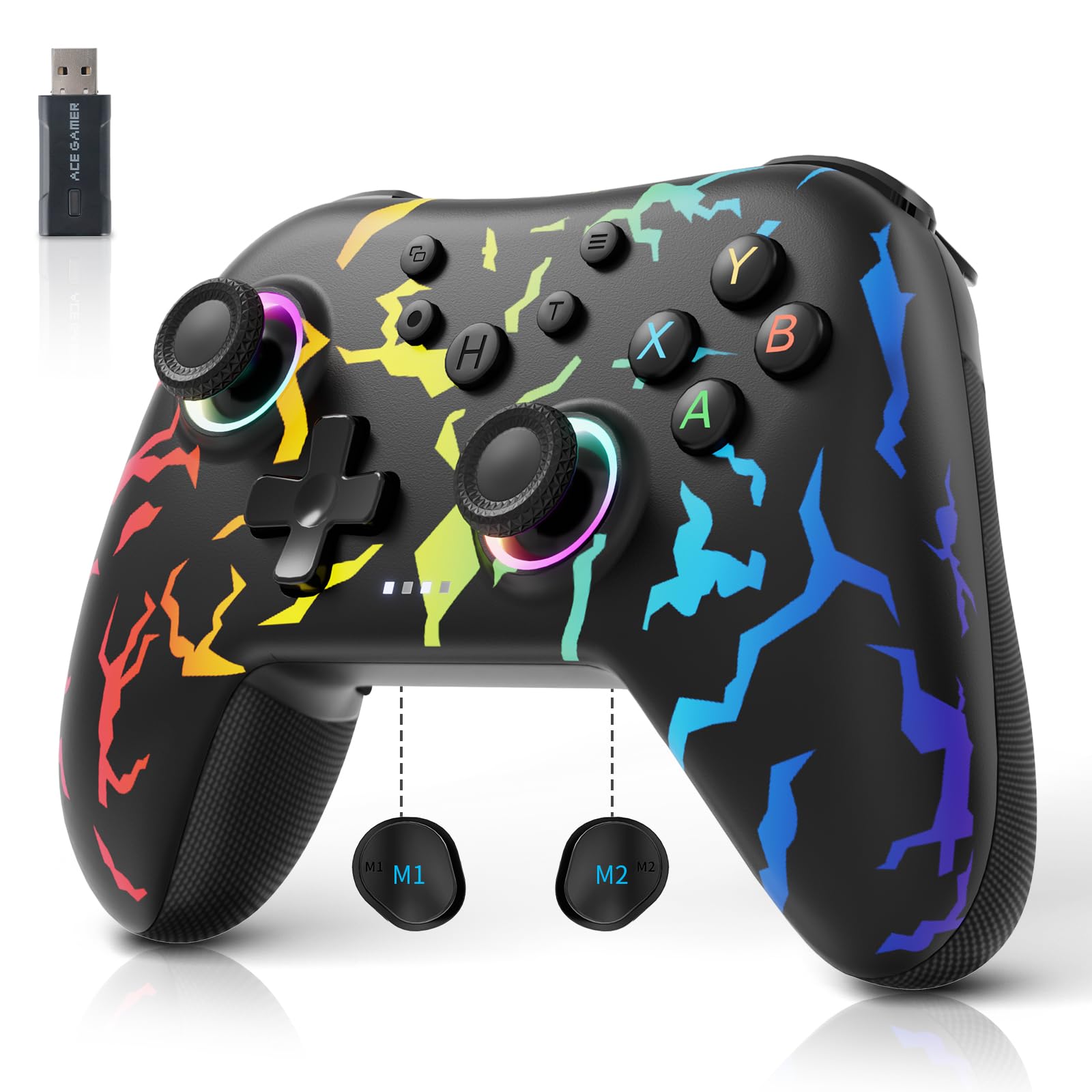 AceGamer Aurora 2.4G Wireless Bluetooth Controller，Windows PC/Switch/Stem/iOS/Android，PC Gamepad Joystick mit Hall-Effekt Joystick, programmierbare Rücktaste, Linear Resonant Actuator (Regenbogen)