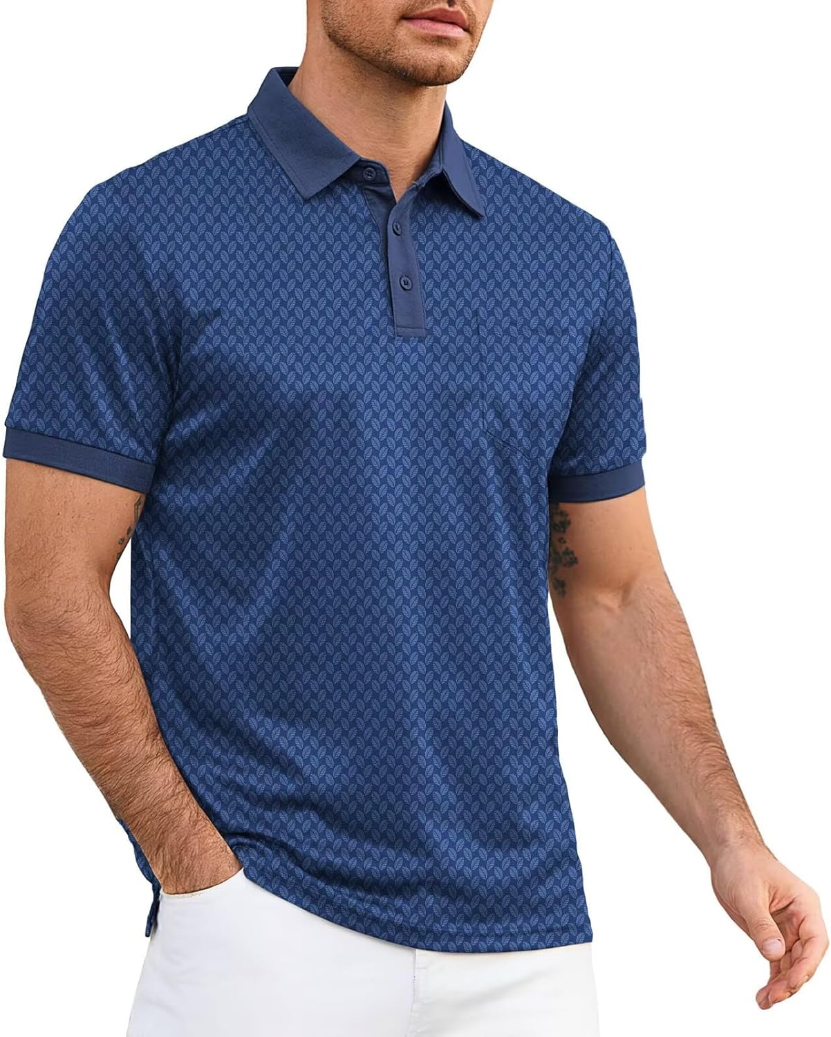Mens Polo Shirt Short Sleeve Dry Fit Print Golf Shirts for Men Moisture Wicking Color Block Collared Shirts with Pocket