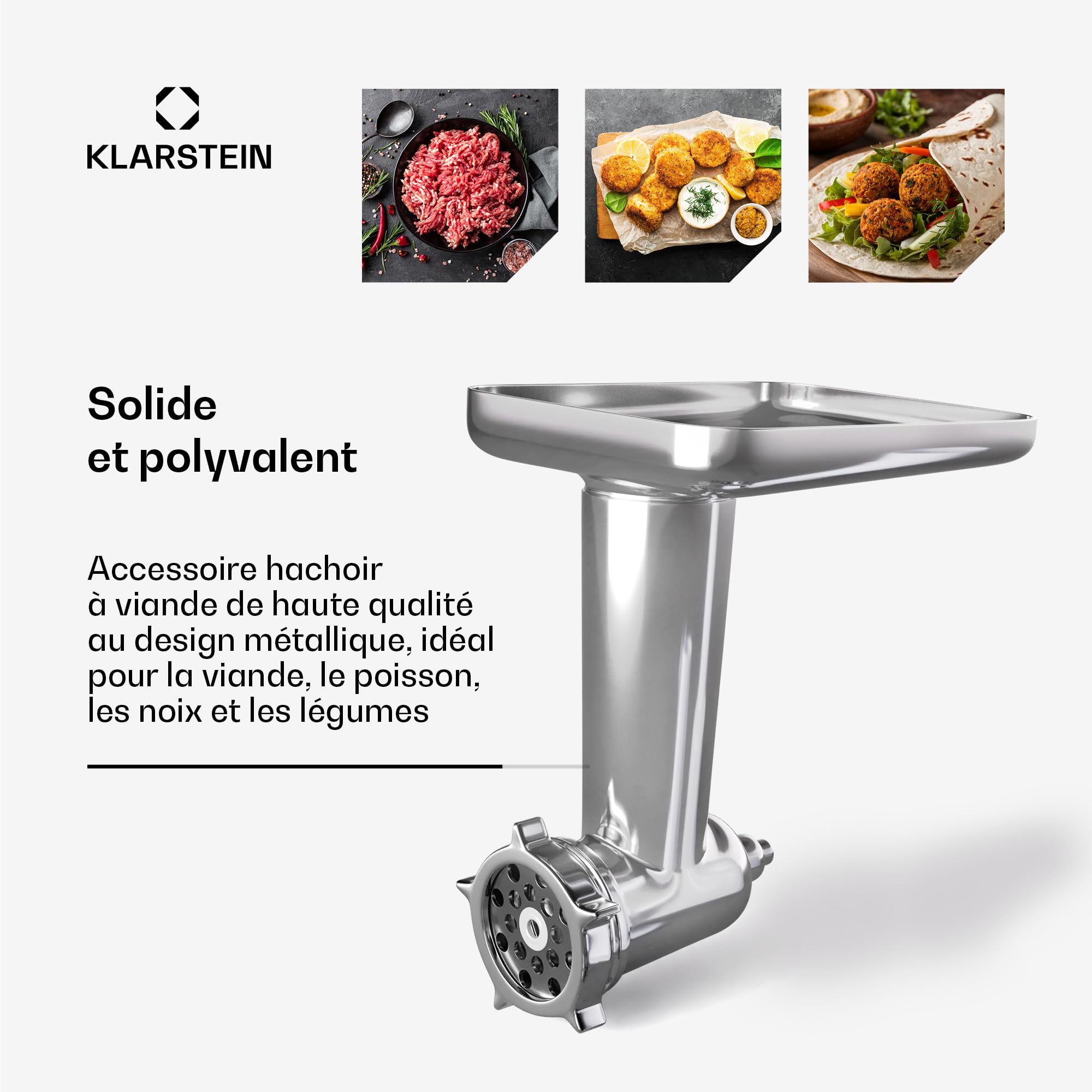Klarstein Chiara hachoir pâtisserie – accessoire polyvalent, couteau 4 lames inox, 3 disques de coupe, préparation facile de saucisses, compatible avec le robot de cuisine Chiara