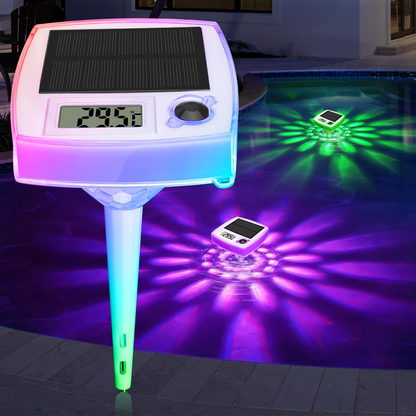 Termómetro Piscina Flotante Solar, iluminación de piscina con 8 modos LED, Termómetro digital fácil Lectura, Luz Solar Piscina IP68 impermeable, para estanque de jardín, Spa, bañeras, Acuarios