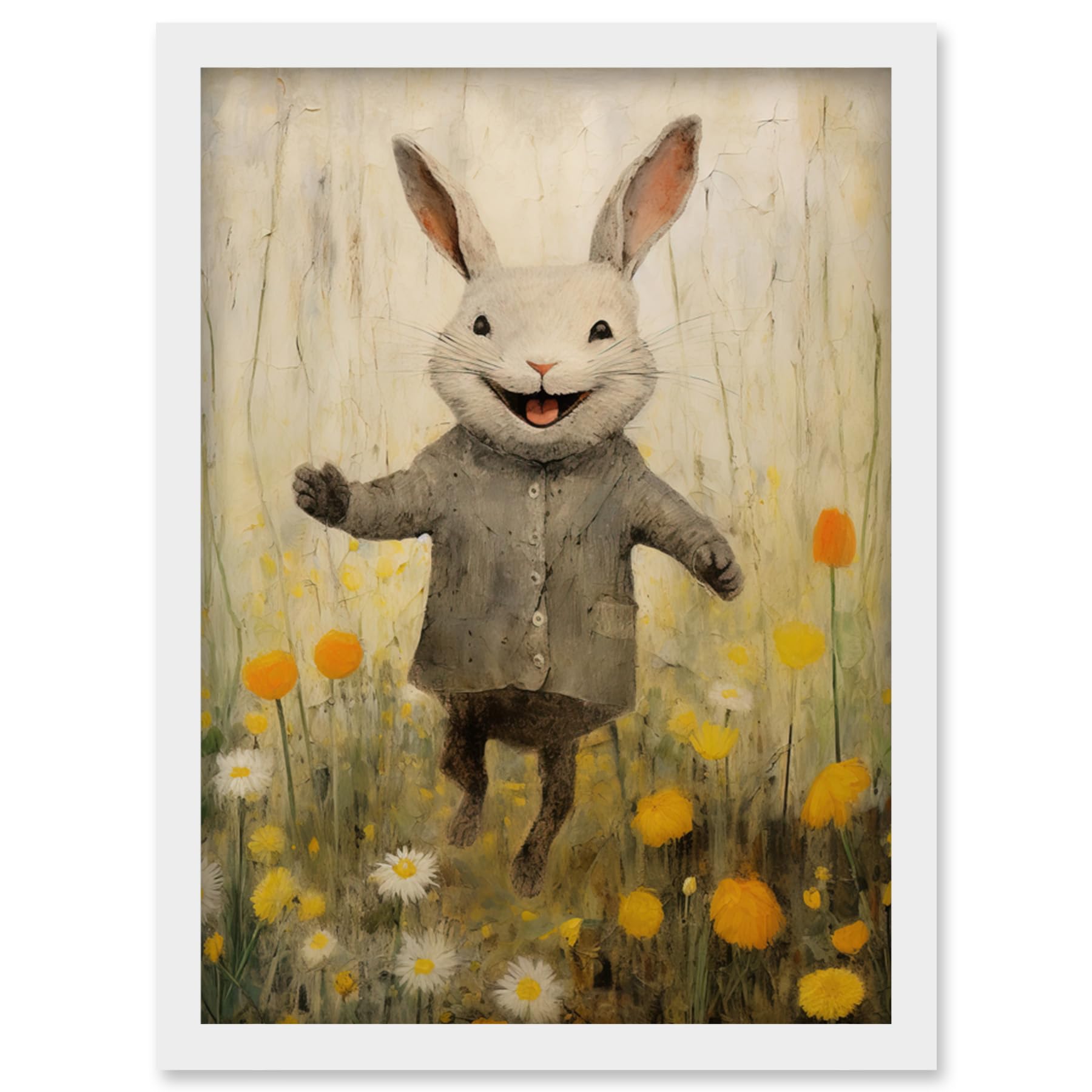 Artery8 Raincoat Rabbit Happy Bunny Flower Meadow Kids Girls Bedroom Nursery Artwork Framed Wall Art Print A4
