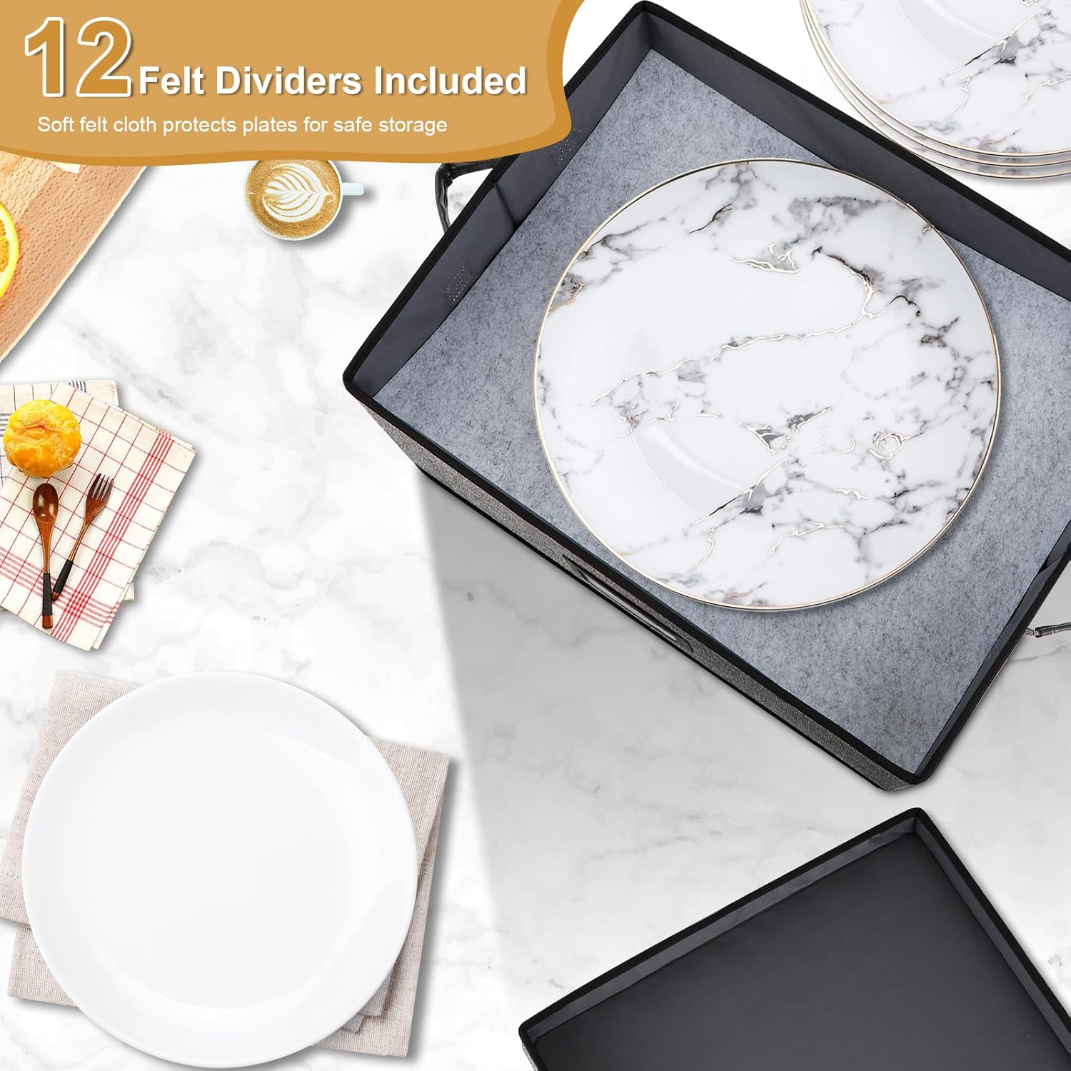 Platter Storage Case（2-Pack）,Stackable Plate Storage Containers, 17“ x 13” x 8.2” China Storage Containers Hard Shell with 6 Felt Dividers, Linen Grey