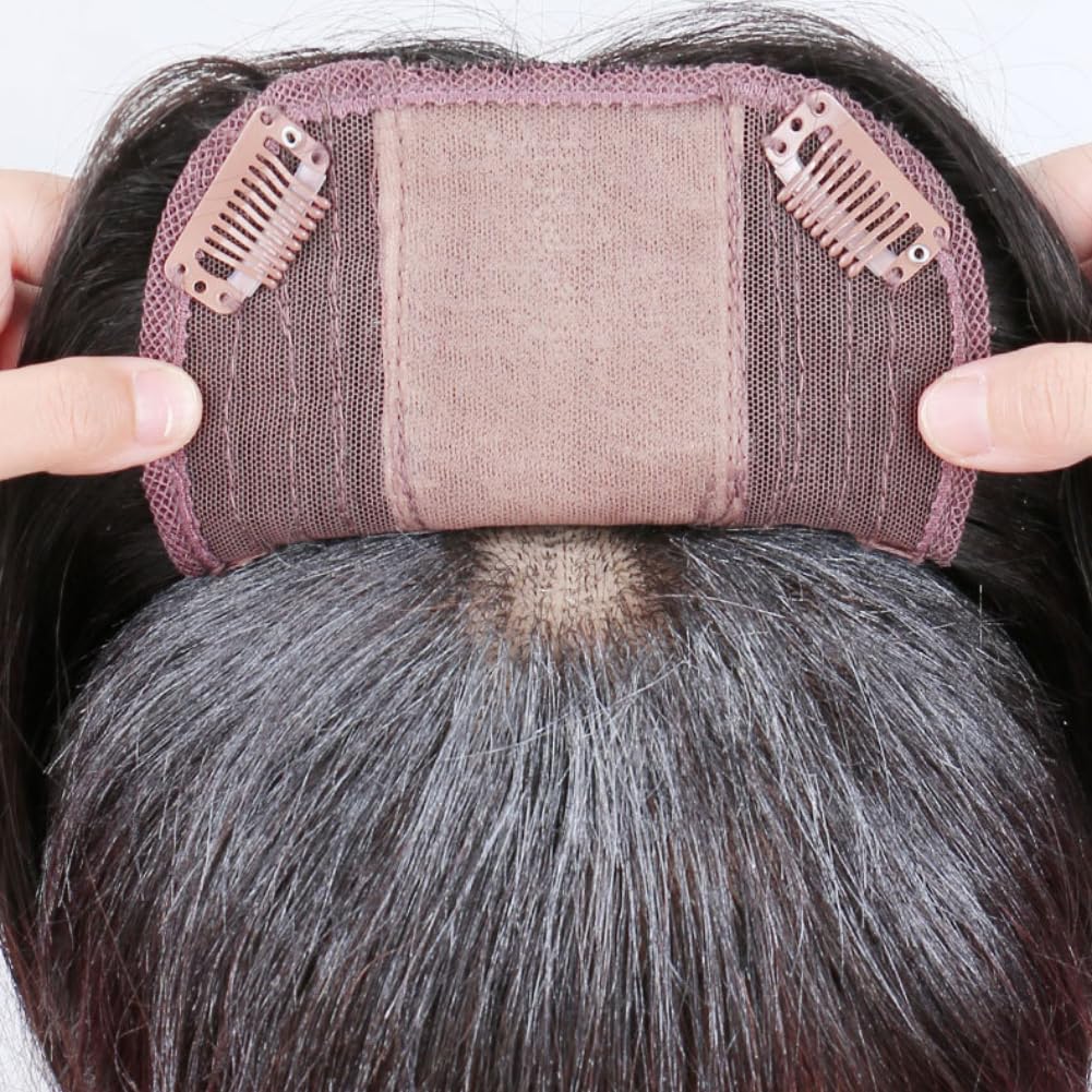 5x6 Inch Ice Silk Inner Net Clip In Toppers Human Hair Long Straight Hair Wiglets Hairpiece for Women Thin Hair White Hair (Natural black,45cm)