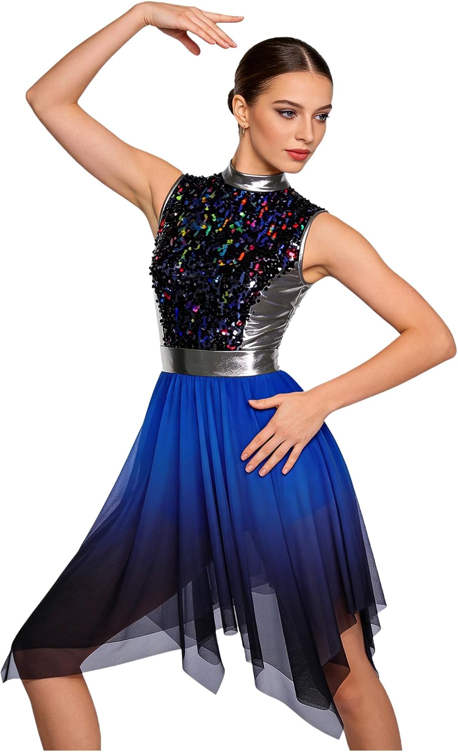 Linjinx Womens Shiny Sequined Liturgical Worship Praise Dance Costumes Sleeveless Overlays Dress Church Tunic