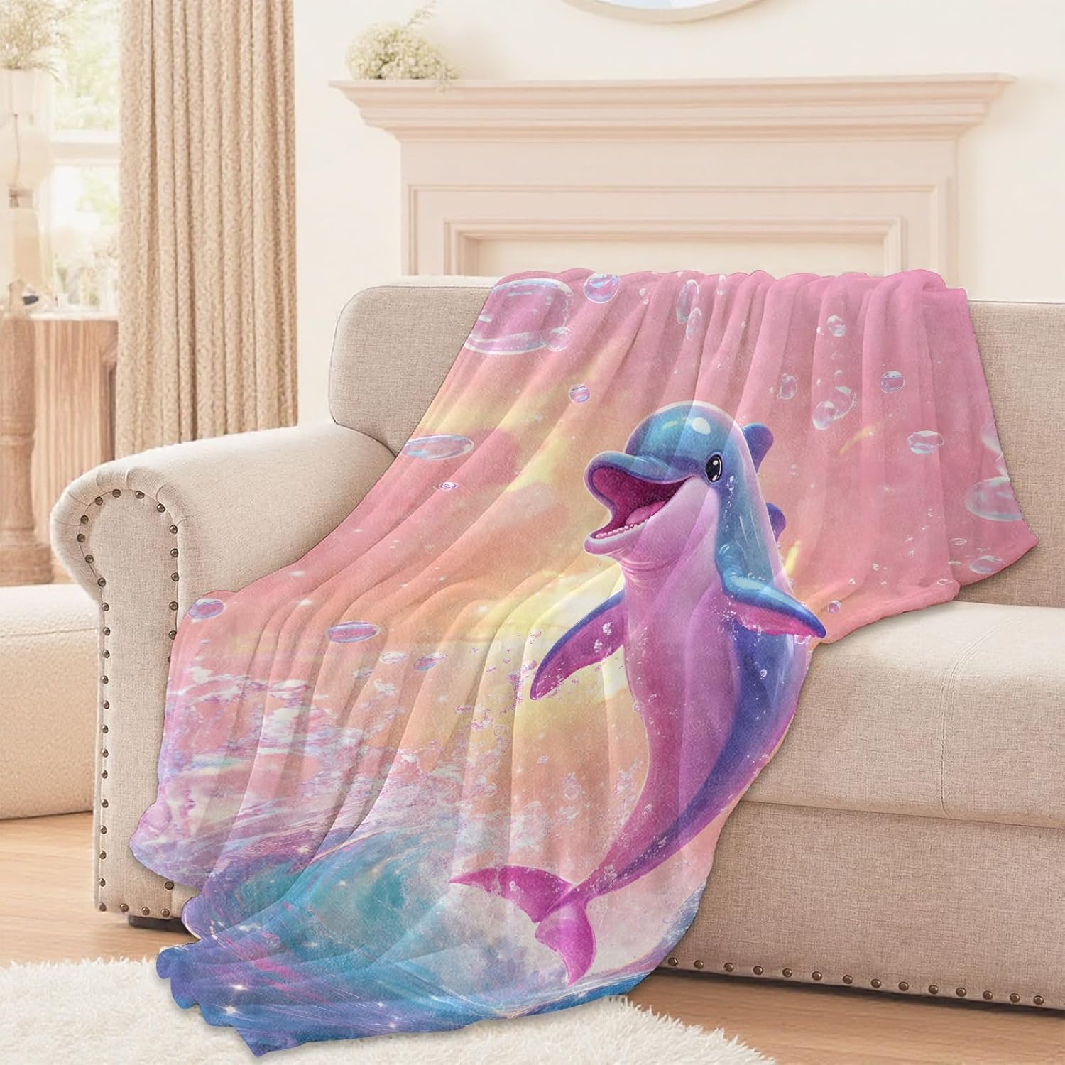 Cute Cartoon Dolphin Blanket, Lightweight Comfy Pink Sunset Waves Blankets for Couch Sofa Bedroom, Soft Plush Travel Flannel Throw Blanket Gifts for Adults Women Kids, Home Decor 60×50in - Image 2