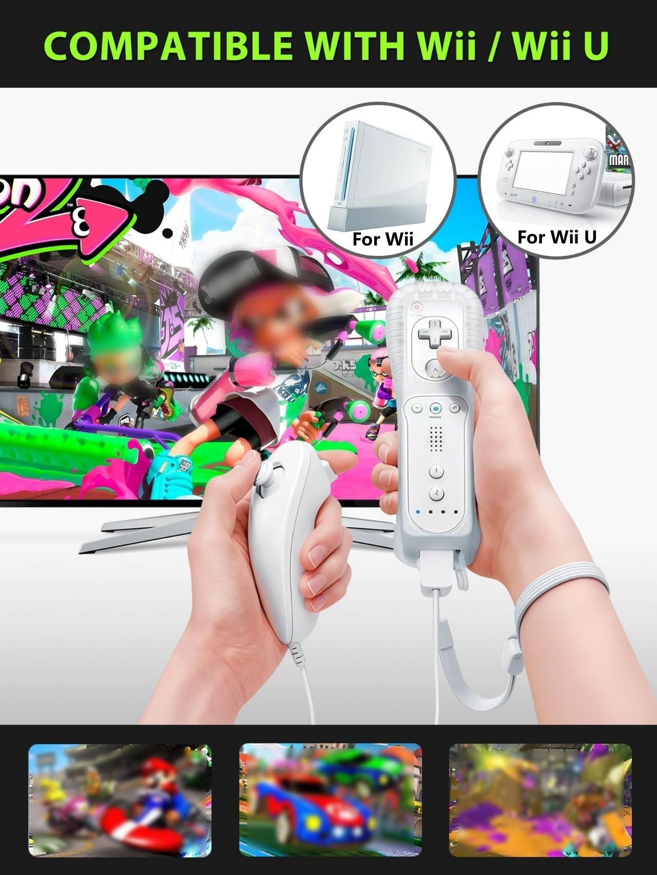 CLVIZCXOM (2 set / 8 pezzi!) Telecomando Twin Pack compatibile con console Nintendo Wii/Wii U: 2 telecomandi + 2 joystick analogici + 2 custodie + 2 bracciali, con Motion Plus (bianco e bianco)