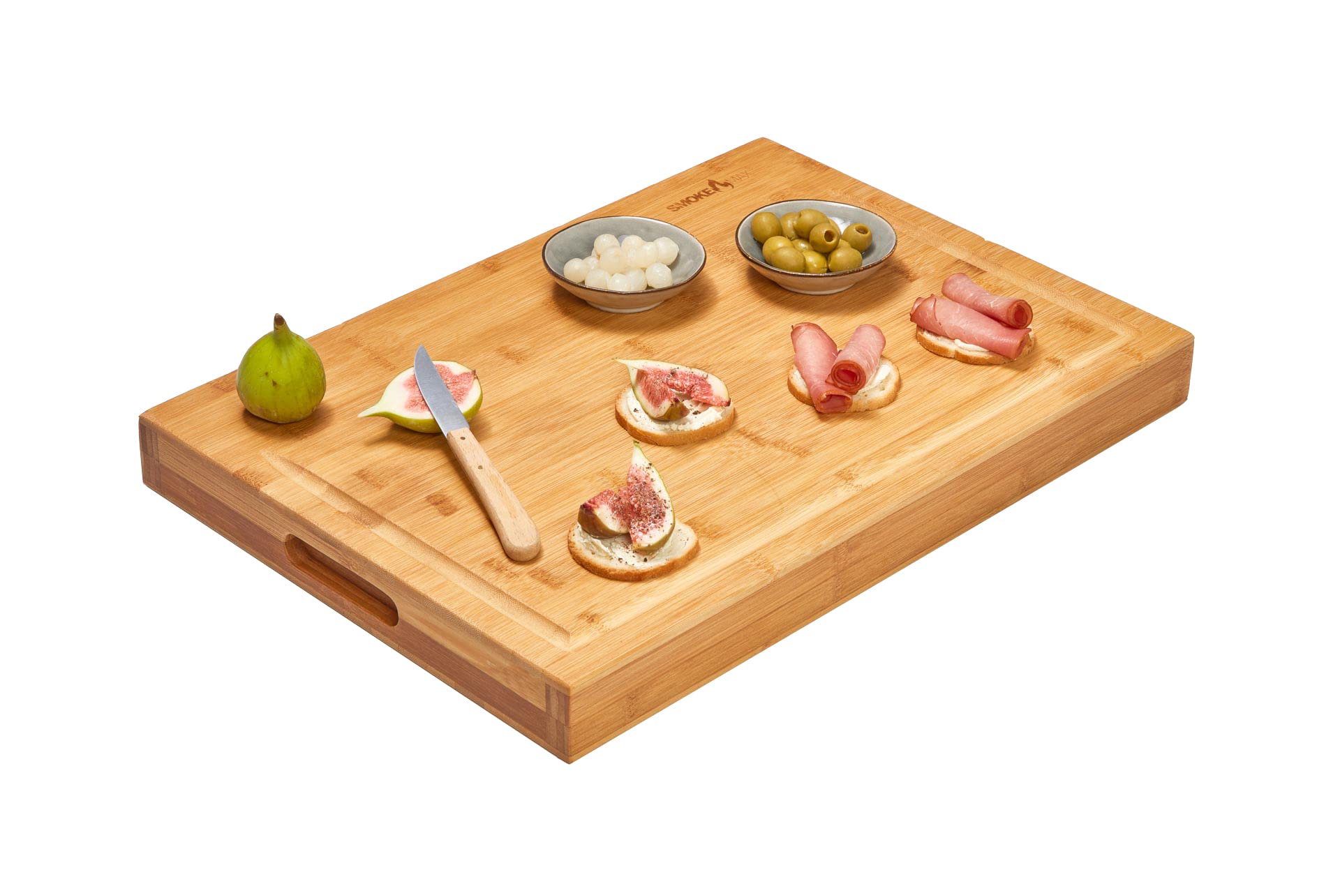 SmokeMax 2-1 grand bloc en bois massif avec planche à découper et plateau de service en bambou naturel (env. 50 x 35 x 5 cm)