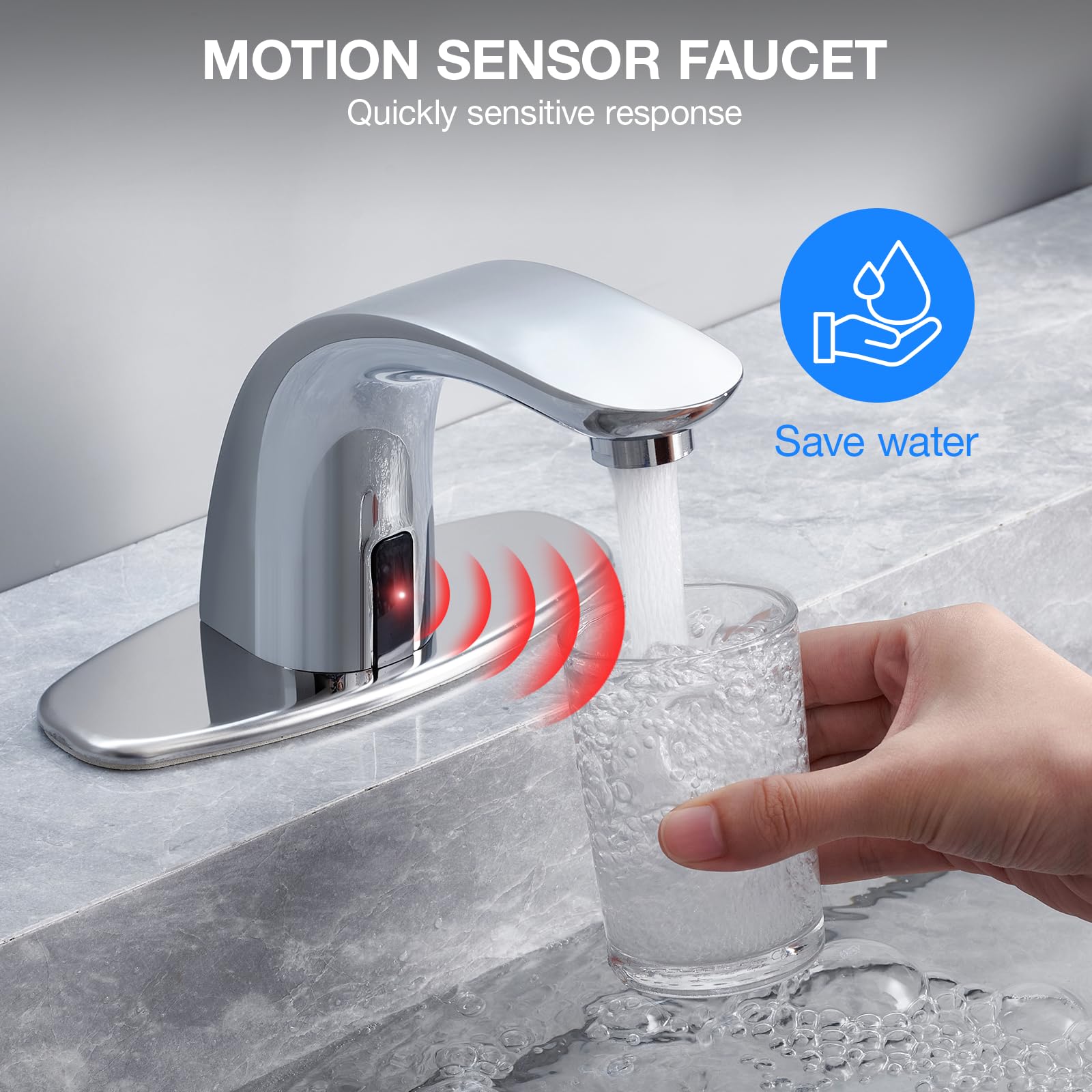 Charmingwater Grifo de lavabo de baño sin contacto, grifo de baño con sensor con tapa de agujero, apagado automático de agua, cromado