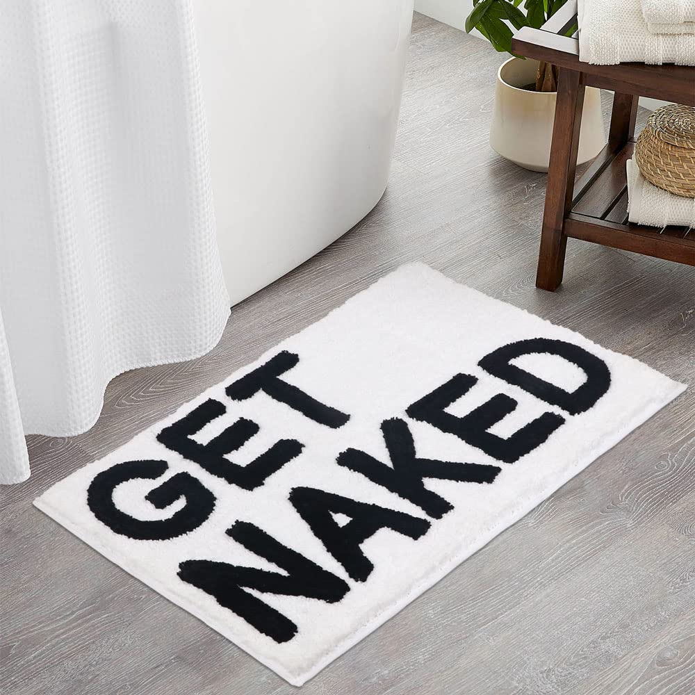 BOVEU Get Naked Bath Mat Bath Rugs - Non Slip Absorbent Funny Bathmat White Bath Rugs for Bathroom and Shower, Machine Washable 17" x 24", White