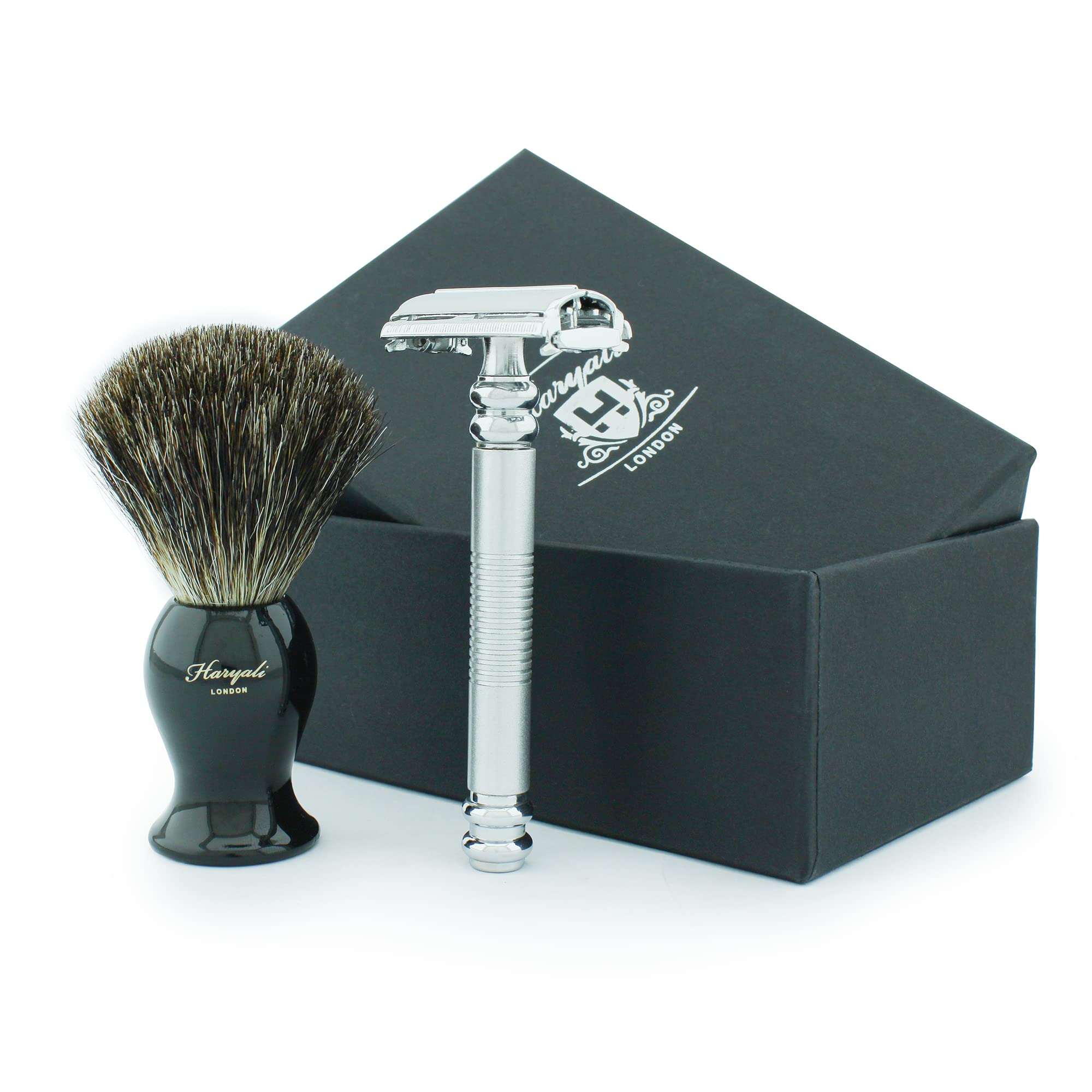 Men's Shaving Butterfly Safety Razor in Sliver with Stainless Steel Head (Blades not Included)& Black Badger Hair Brush.