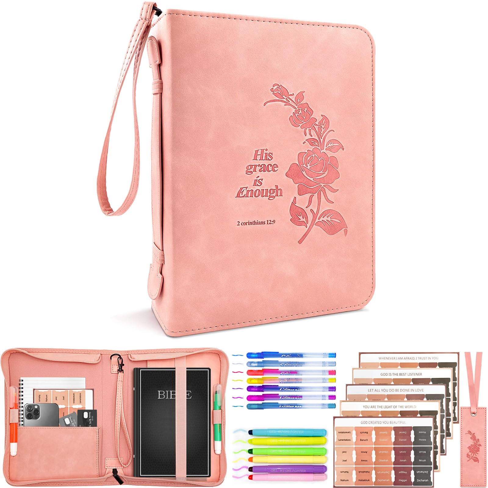 ZQYJJ Bible Cover Case for Women, Waterproof PU Leather Bible Bag with Detachable Wristlet- Fits 17.4" Bibles, 75 Stickers, 13 Highlighters & PU