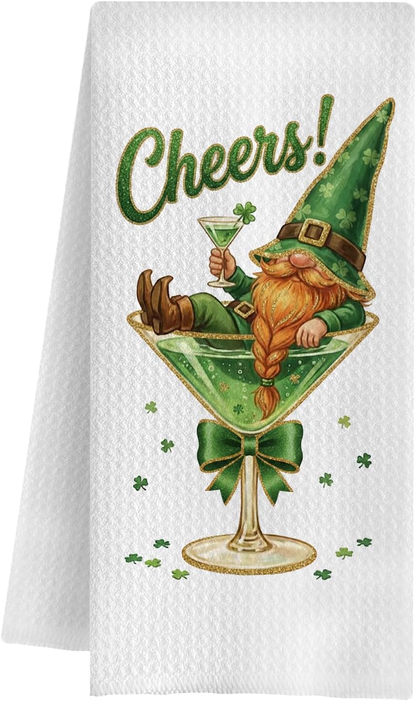St. Patrick's Day Leprechaun Martini Kitchen Towels, Irish Cocktail Cheers Dish Tea Towels, Gifts for Cocktail Lovers Decorative Hand Towel for Kitchen Bar Pub, 16x24 Inch