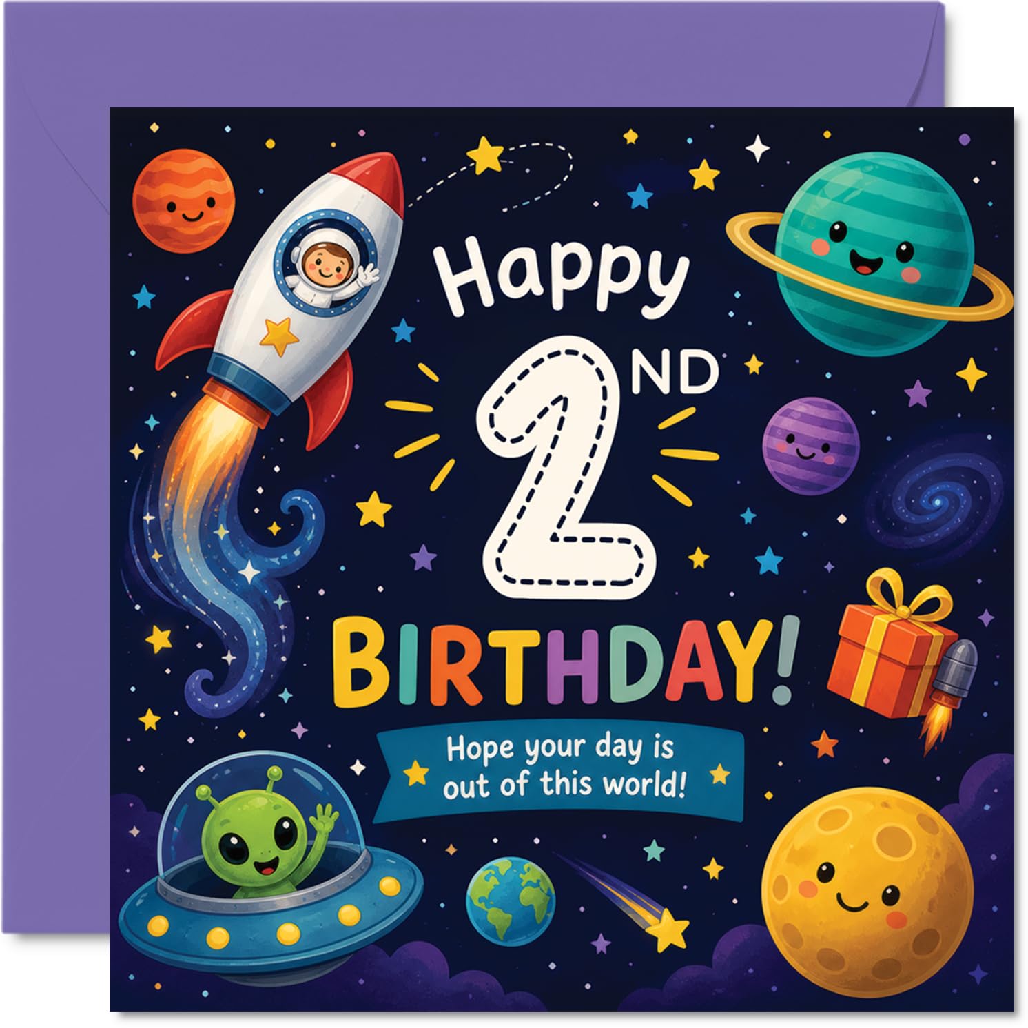 Playful 2nd Birthday Card, Blast off to Fun