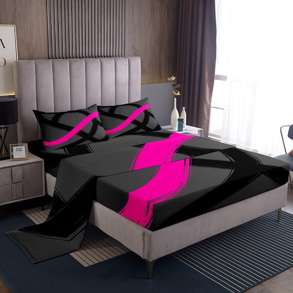 jejeloiu Hot Pink Black Stripes Bed Sheets Set Kids Twin Size Geometric Modern Abstract Art Bedding Set for Boys Girls Teens Luxury Geometric Line Fitted Sheet Room Decor