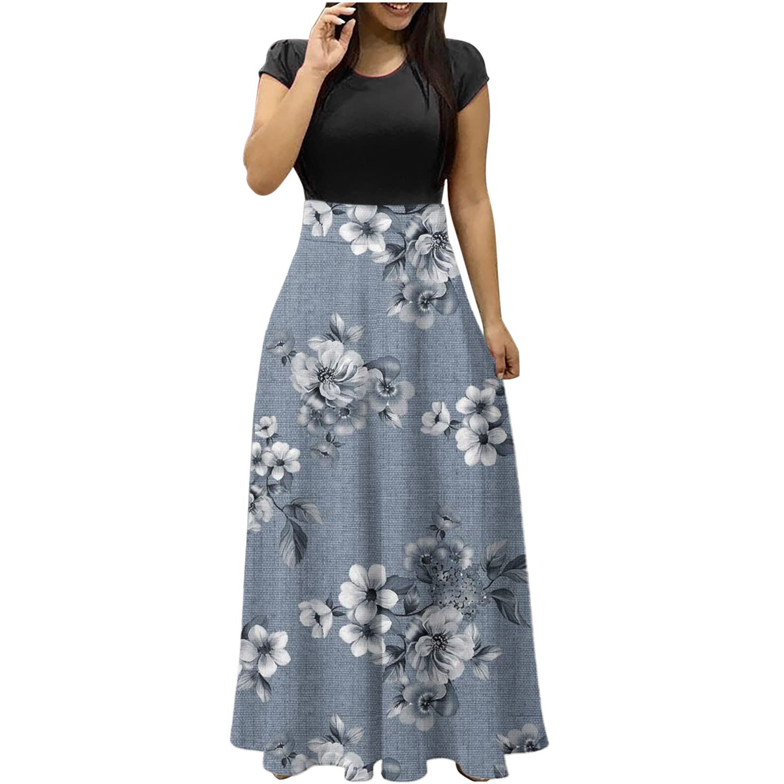 OPHPYSummer Maxi Dress with Sleeves Casual Floral Print Long Dresses Ladies Sexy Elegant O-Neck Vacation Travel Dress