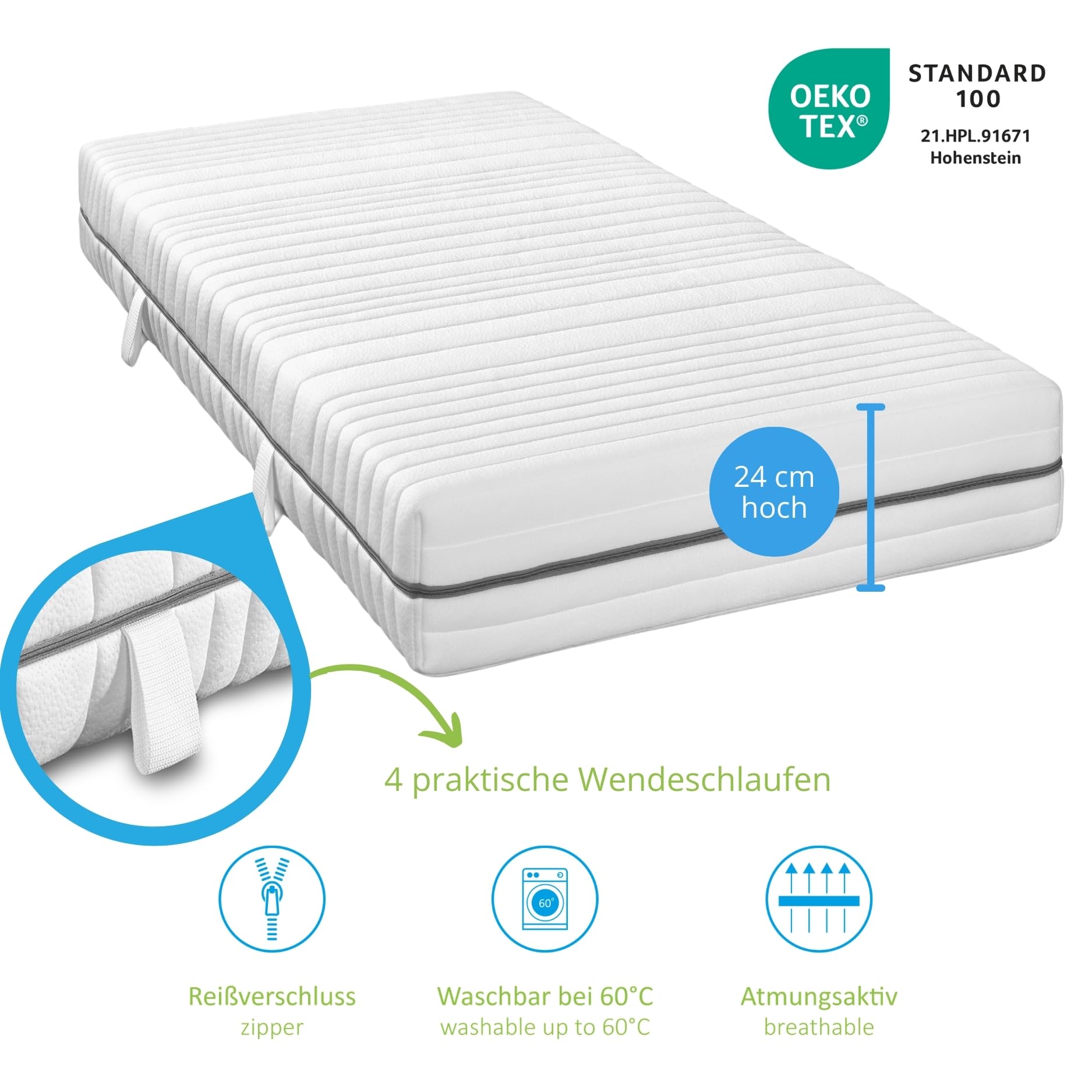 Bodyprotect Kaltschaummatratze Vital Protect 140x200 cm, orthopädische 7-Zonen Matratze Härtegrad H2 weich - mittelfest, Öko-Tex, ergonomische Schaumstoffmatratze Höhe 24 cm, Made in EU