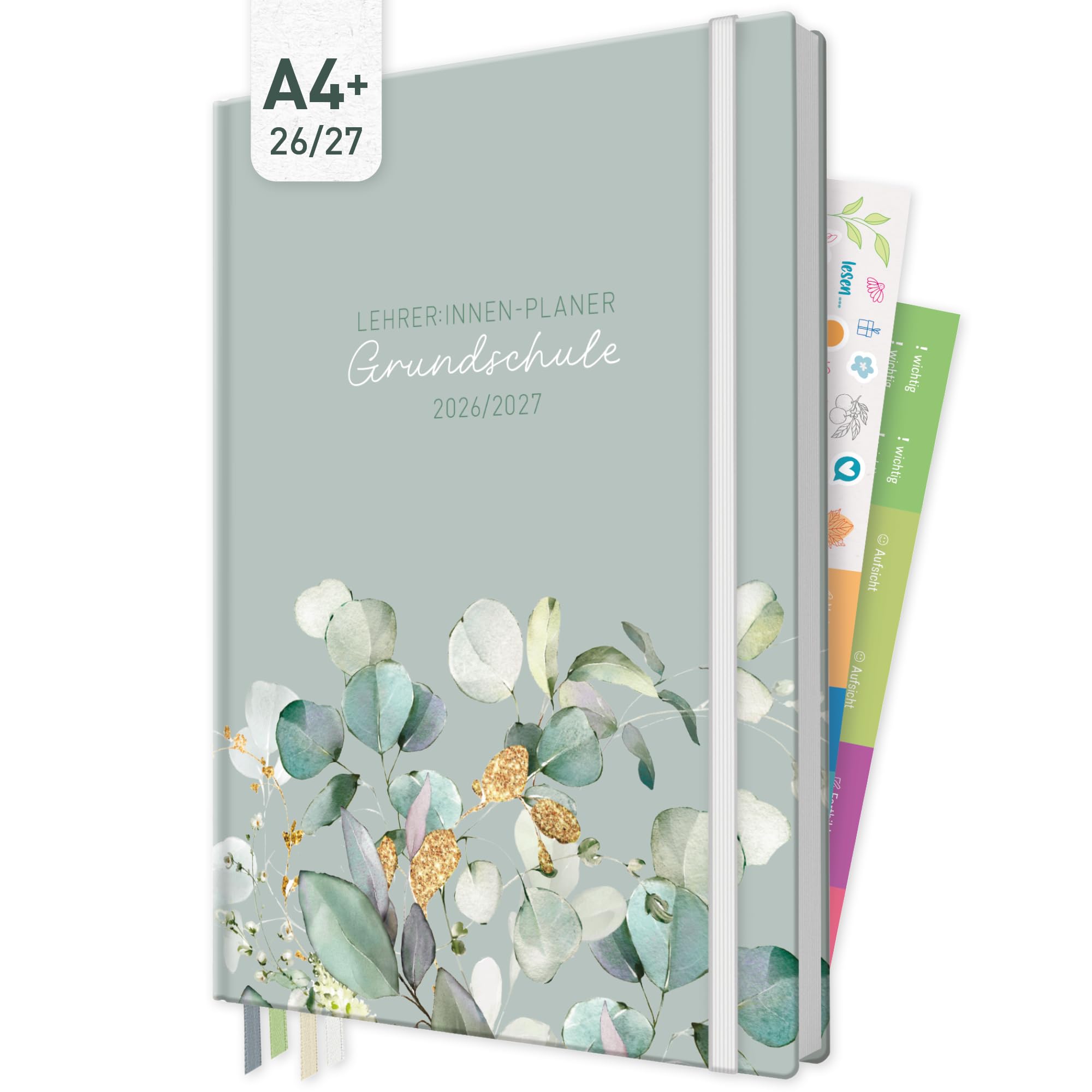 Häfft® Lehrerplaner Grundschule 2026/2027 im A4+ Format Hardcover - Schuljahr 12 Monate (Aug 26 - Jul 27) Lehrerkalender & Unterrichtsplaner für Klasse 1–4 "Minty Leaves"