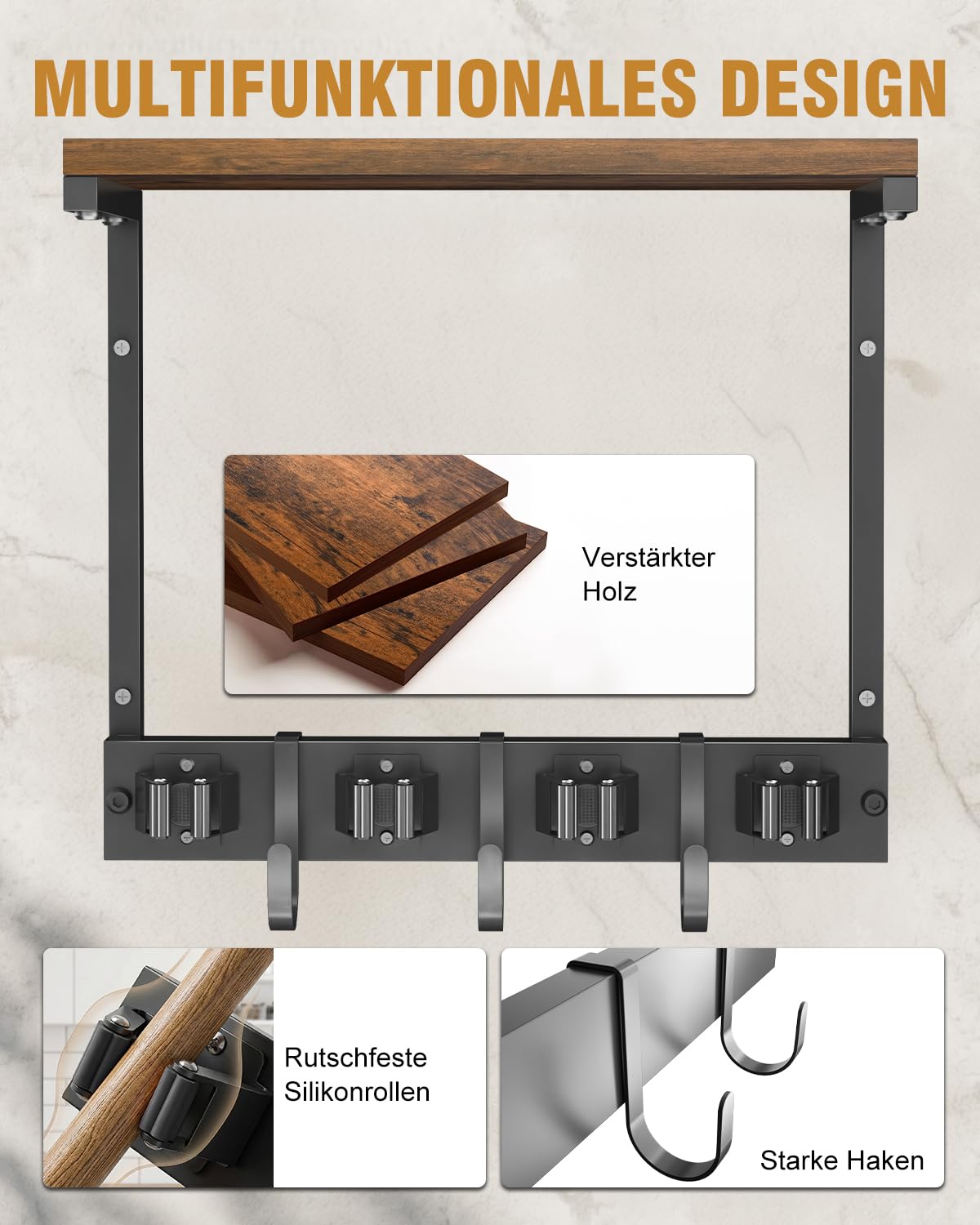 Porta scope da parete con mensola superiore in legno, supporto in metallo resistente per accessori di pulizia con 4 supporti e 3 ganci per lavanderia, garage, ripostiglio e cucina (Piccolo)