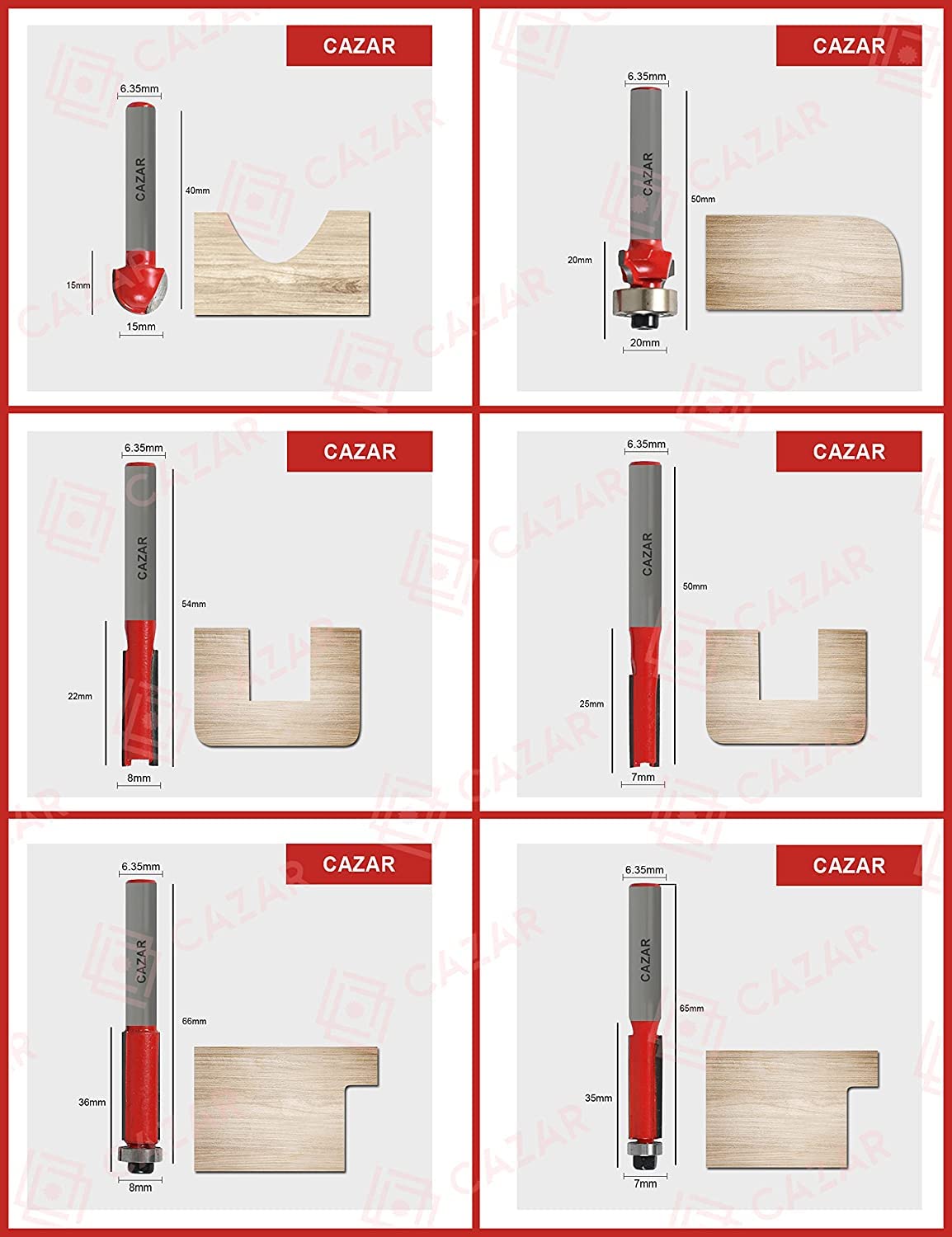 CAZAR CZ-TVS036 Variable 6-Speed Metal Body Wood Trimmer/Router (6-6.35 mm) with 6-Pieces Different Shaped 6.35 mm Router Bit Set, 6mm, 6.35mm and 8mm Collets, 3m long cord+Saftey Hand Gloves 4