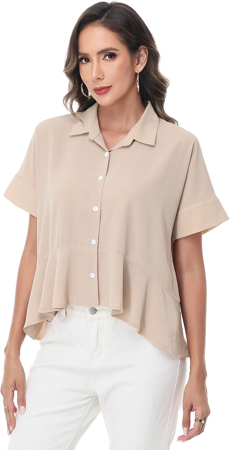 Anna-Kaci Women's Short Sleeve Collared Shirt Loose Fit Ruffle Hem Button Down Top Summer Women Blouses - Image 3