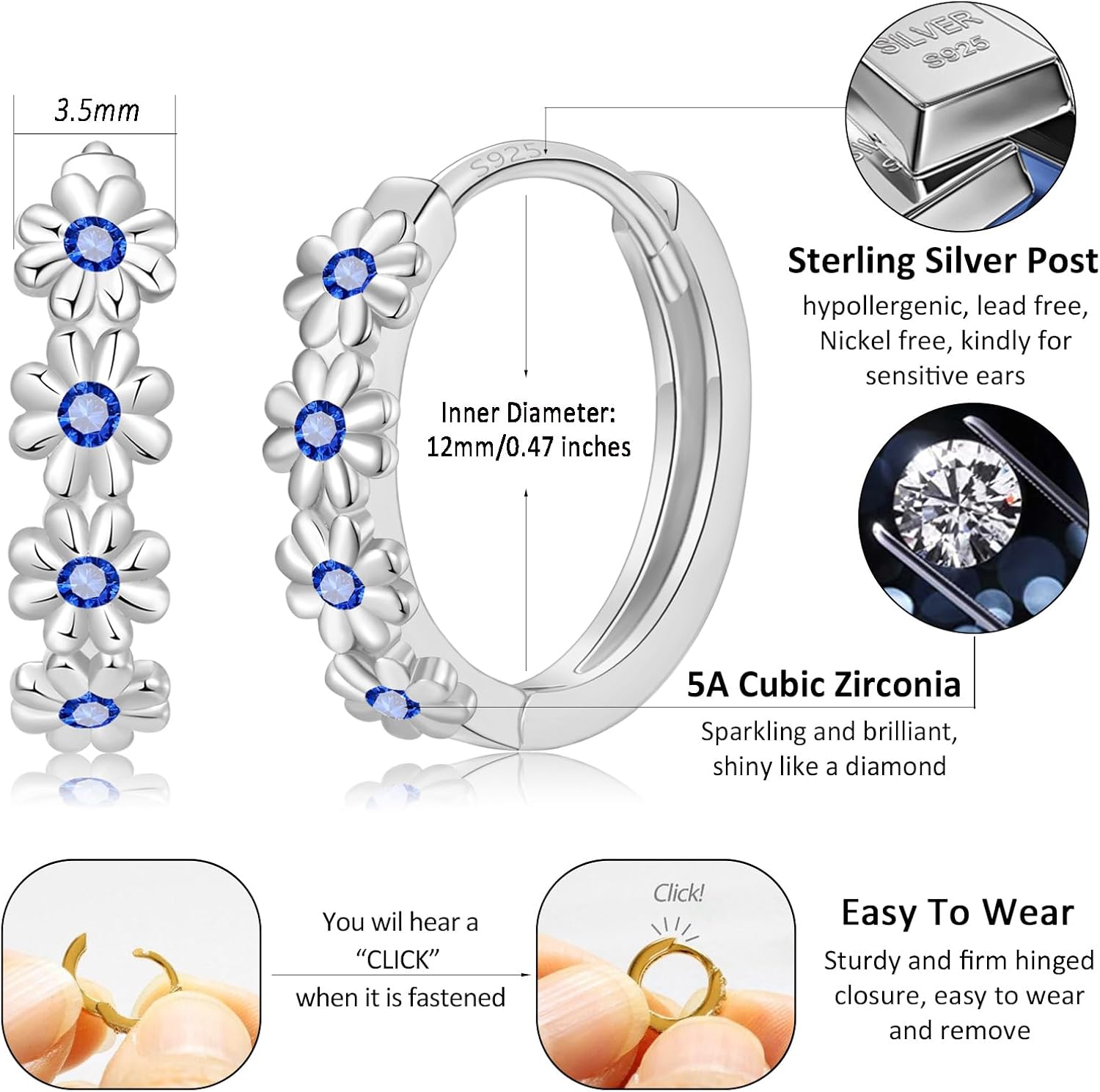 Small Hoop Earrings for Women |925 Sterling Silver Post 10mm Flower Cluster Huggie Hoop Earrings, Hypoallergenic Cartilage Piercing Hoops Jewelry - Image 6