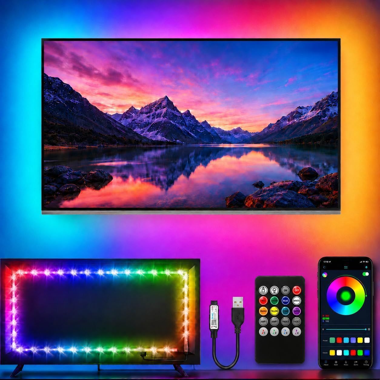 TV LED Backlight Strip 45-75 Inch, RGB USB, App & Remote, Music Sync Lights