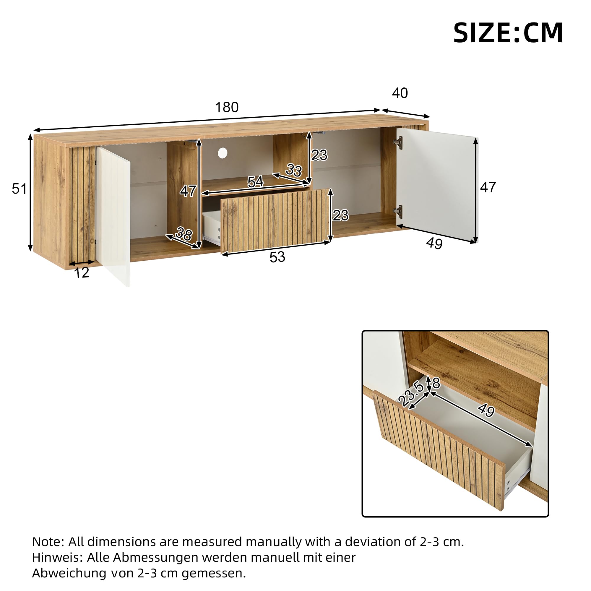 Mobile TV con luci a LED, mobile per TV, 180 cm (bianco + legno)