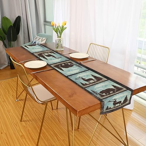 Miniatura 7 de Camino de mesa vintage de oso y ciervos de 13 x 70 pulgadas, estilo retro de animales del bosque occidental, estilo de vida silvestre, alce, alce,