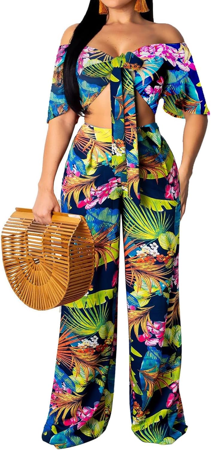 sexycherry Two Piece Outfits for Women Beach Bandage Crop Top Long Straight Pants Vacation Swimwear Cover Ups Sets