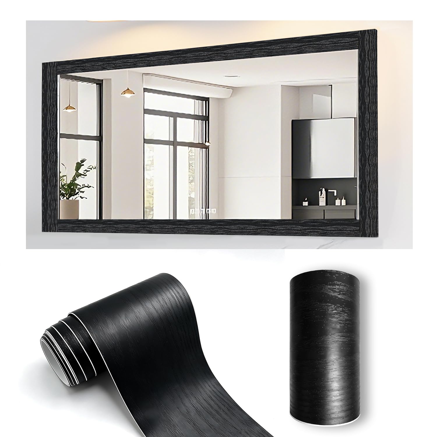 32.8Ft Black Border Tape,Peel And Stick Wood Trim For Bathroom Mirror Frame